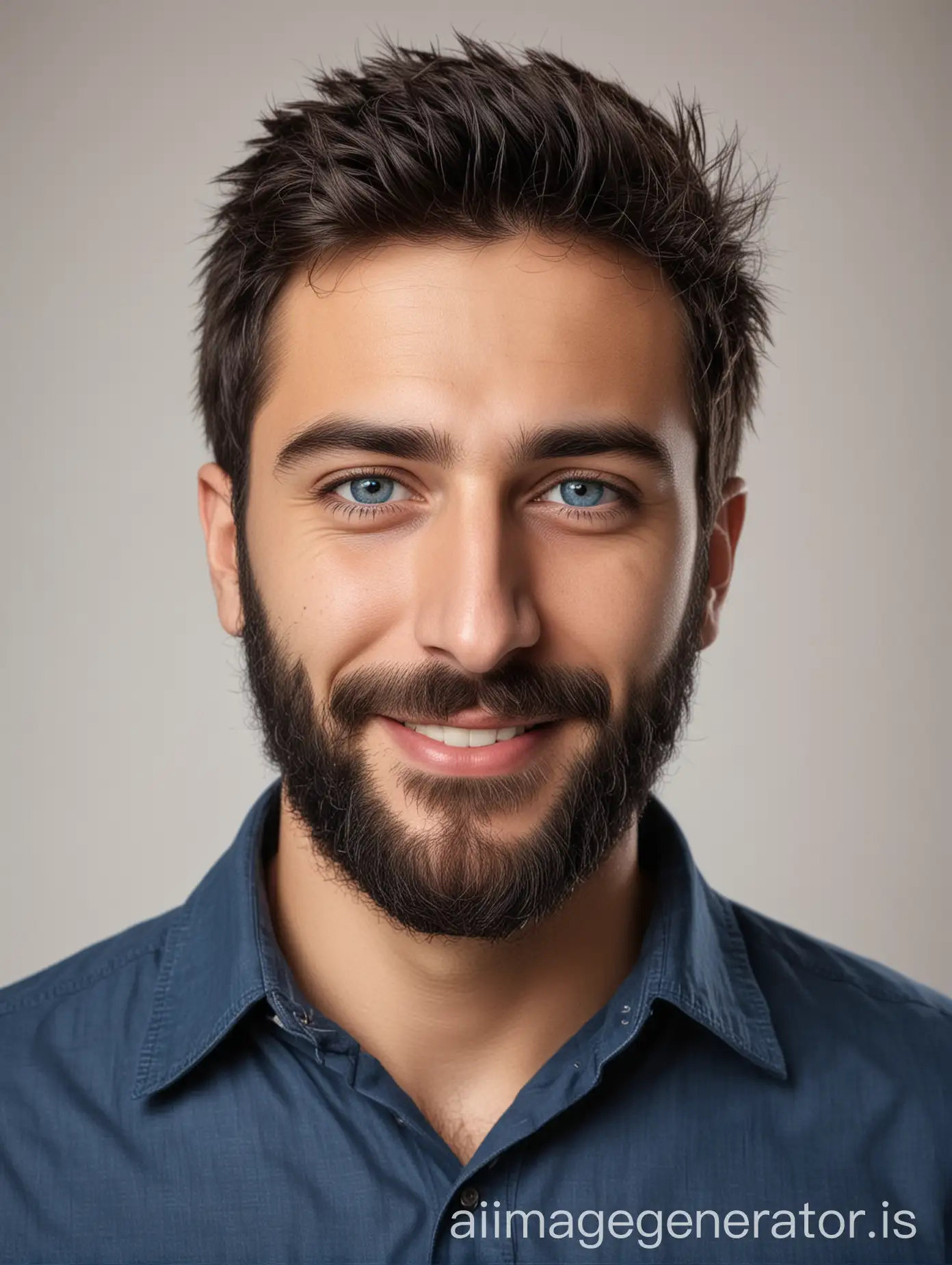 Handsome cute smiling Armenian 30 y.o. man with blue eyes bearded wearing 
a dark-blue shirt on a white background.