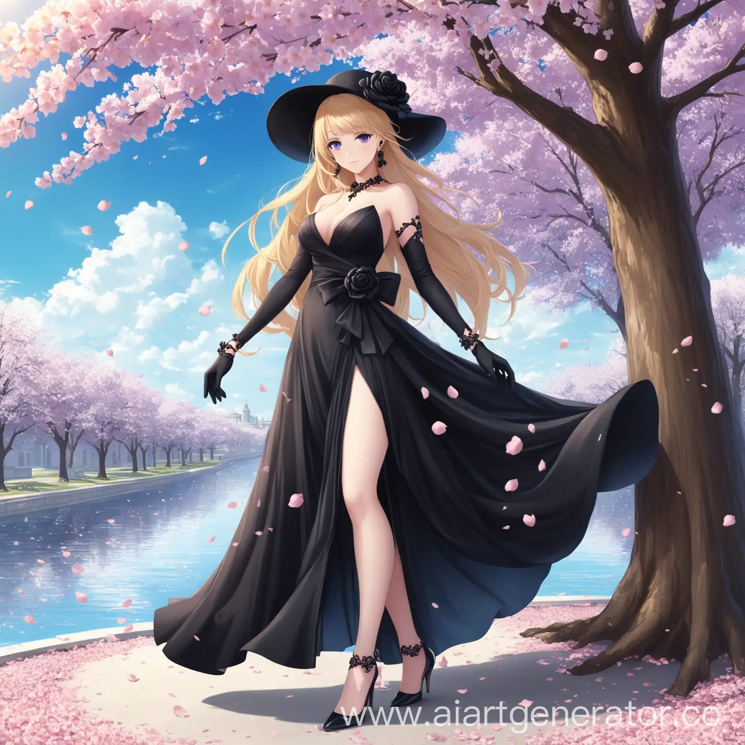 Elegant-Woman-in-Black-Dress-with-Rose-and-Hat-Standing-by-Cherry-Blossom-Tree