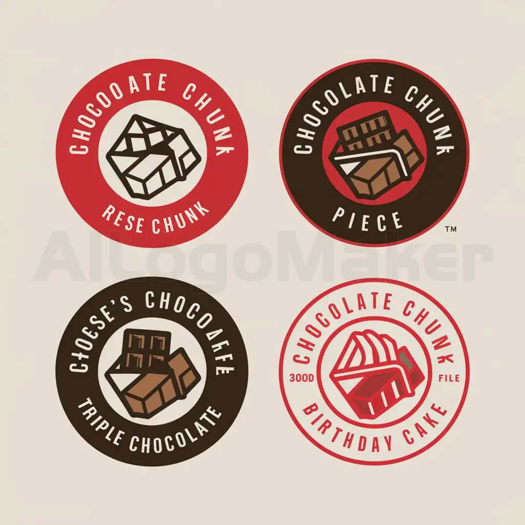 a logo design,with the text "Chocolate Chunk", main symbol:I need four different versions of 3-inch diameter, round logo stickers, each one representing a different flavor of our product. Key Requirements: - Design: Each version should be distinct but carry the same or similar elements across all four designs, ensuring a consistent brand identity. - Flavors: The flavors for the stickers are Chocolate Chunk, Reeses Pieces, Triple Chocolate, and Birthday Cake. - Color Scheme: All stickers should be designed in a red and black color scheme. - Urgency: The completion of this project is urgent; I require it to be done ASAP. Ideal Freelancer: - Experience in creating logo designs for product packaging or promotion. - Proficiency in Adobe Illustrator or equivalent software for vector-based design. - Ability to work quickly and meet tight deadlines. - Strong communication skills to understand and implement my vision for the stickers. Printer Specs: -Vector files for the finished project. -Need all clickable source files. Digital Print (non-variable) Artwork and Images must be 300dpi / CMYK color profile Proofed and outlined text If you must use photoshop, please provide a flattened 300 dpi PDF/JPG with .125’’ bleed included in the art (Illustrator vector workflow preferred),Moderate,clear background