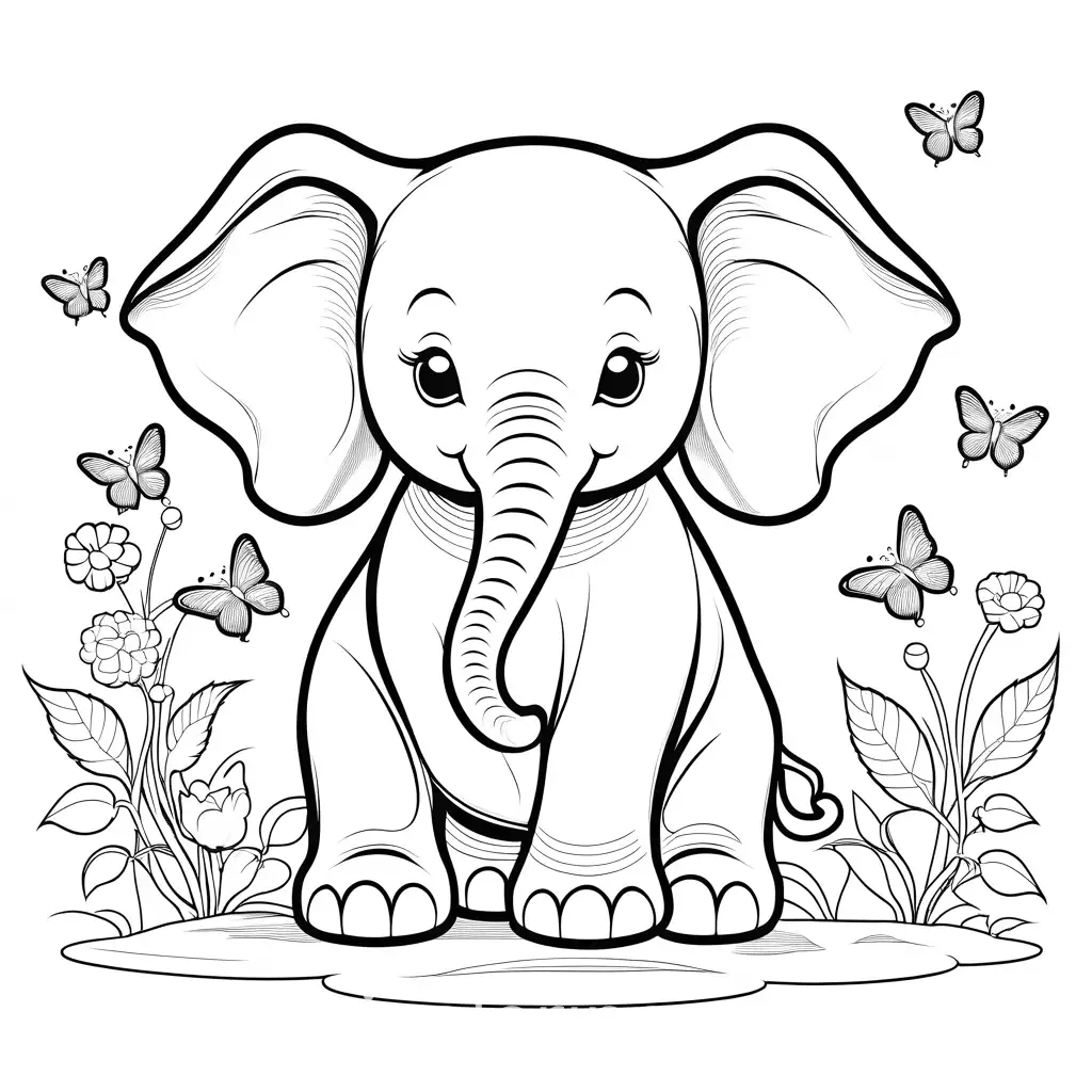 Baby Elephant with Big Ears**: A small elephant with large ears, playing with a ball. The elephant should have a joyful expression, with a few flowers and butterflies around., Coloring Page, black and white, line art, white background, Simplicity, Ample White Space. The background of the coloring page is plain white to make it easy for young children to color within the lines. The outlines of all the subjects are easy to distinguish, making it simple for kids to color without too much difficulty