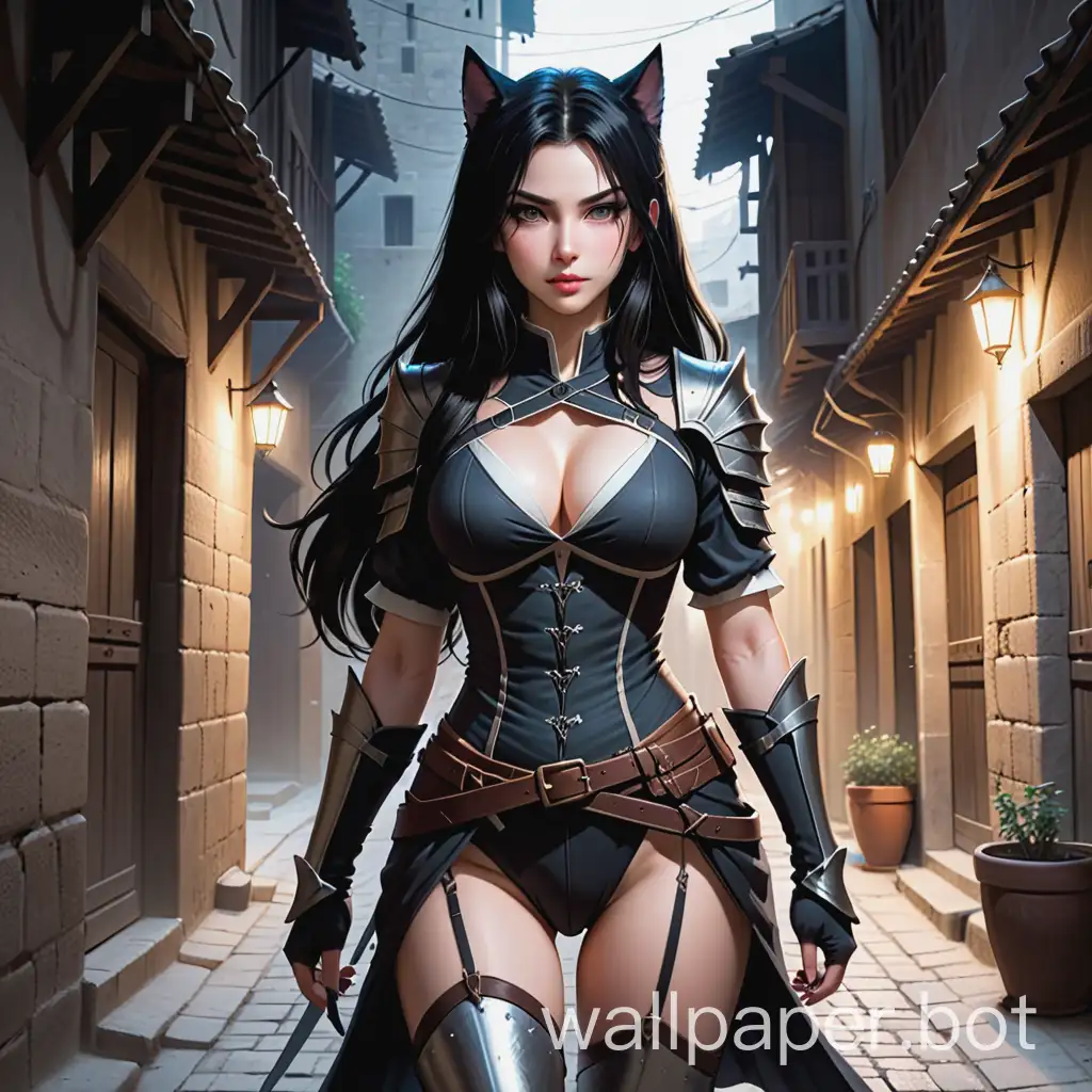 a catgirl assassin in the middle ages, standing in a dark alley in middle age damascus. she wears some light, but not sexy armor, that protects her athletic body. long black hair, with pale skin