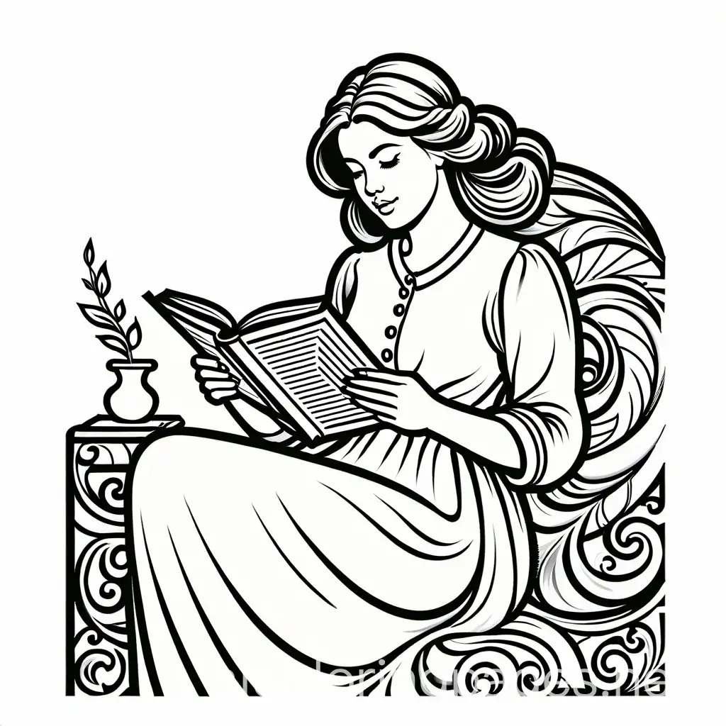 lady reading a book, Coloring Page, black and white, line art, white background, Simplicity, Ample White Space. The background of the coloring page is plain white to make it easy for young children to color within the lines. The outlines of all the subjects are easy to distinguish, making it simple for kids to color without too much difficulty
