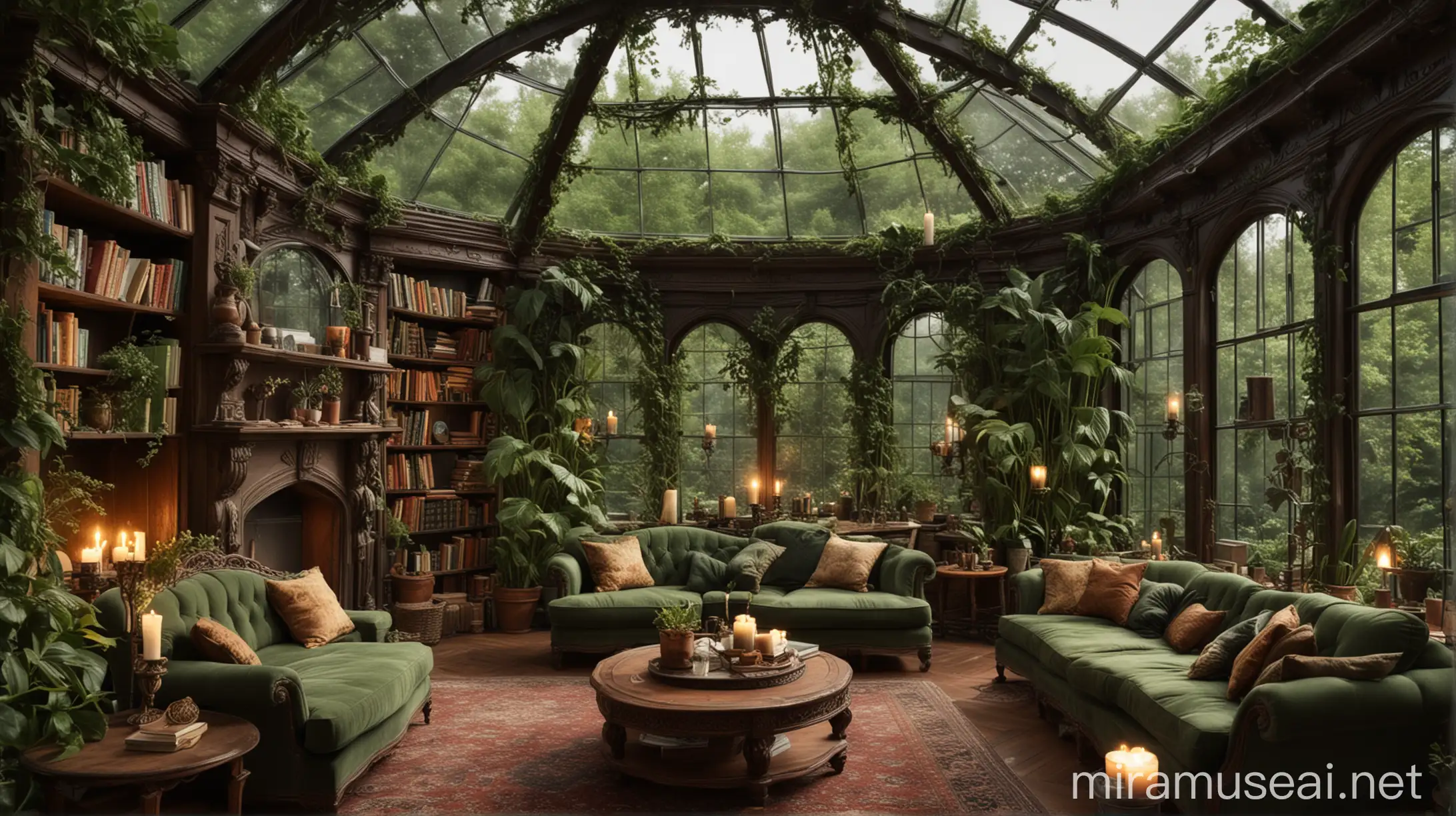 Enchanted Library Retreat Magical Greenhouse Lounge with Cozy Fireplace
