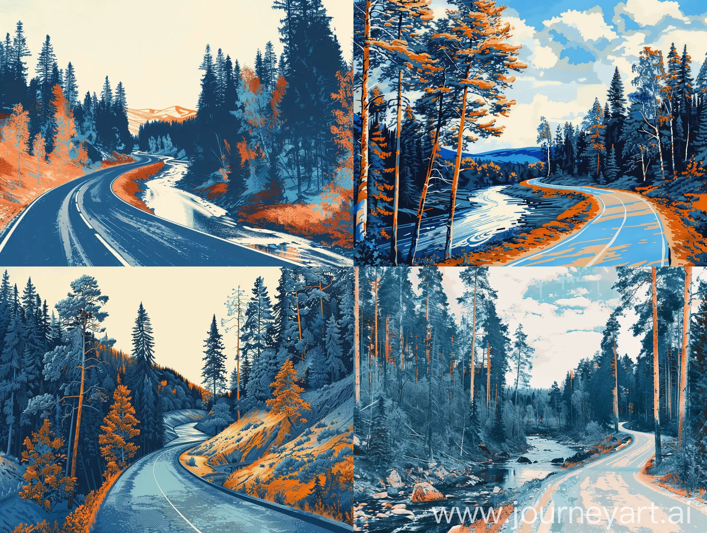 80s image of a road in a Siberian forest in summer, a river flows nearby. the image is very calm and beautiful. graphics. uses blue, orange, and white colors.