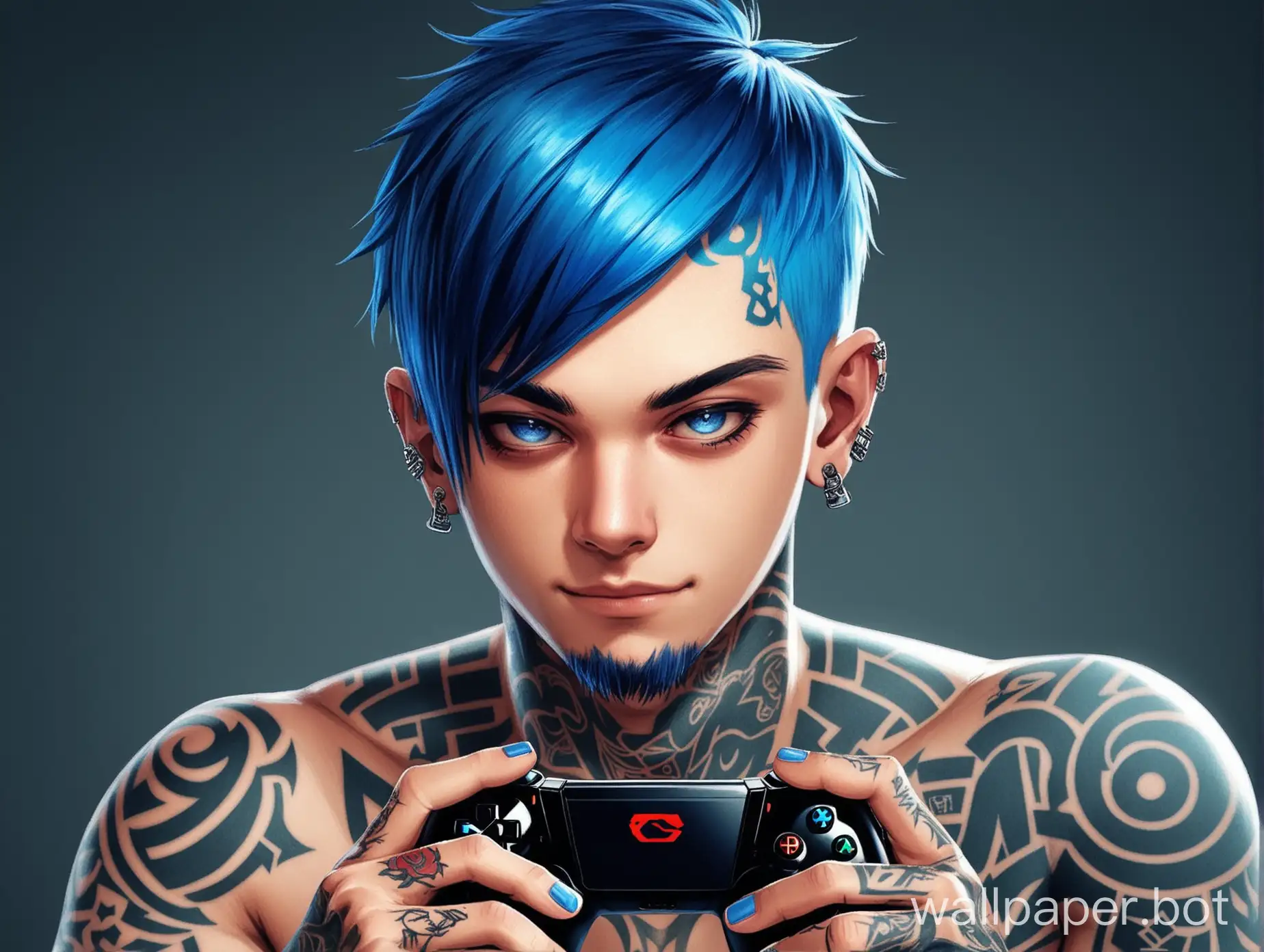 gamer guy with short blue hair and tattoos