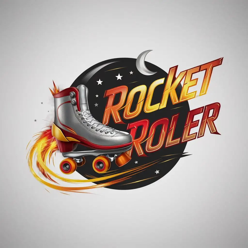 a logo design,with the text "Rocket Roller - Skating Rink", main symbol:A futuristic rocket-shaped roller skate blasting off, with fiery trails forming the word 'Rocket' and swirling around to complete 'Roller' in a sleek, bold font. The rocket skate has vibrant colors like metallic silver and bright red, with the trails in gradient hues of orange, yellow, and red to emphasize the sense of speed and excitement. The background features stars and a crescent moon, adding to the cosmic theme.,Moderate,be used in Sports Fitness industry,clear background