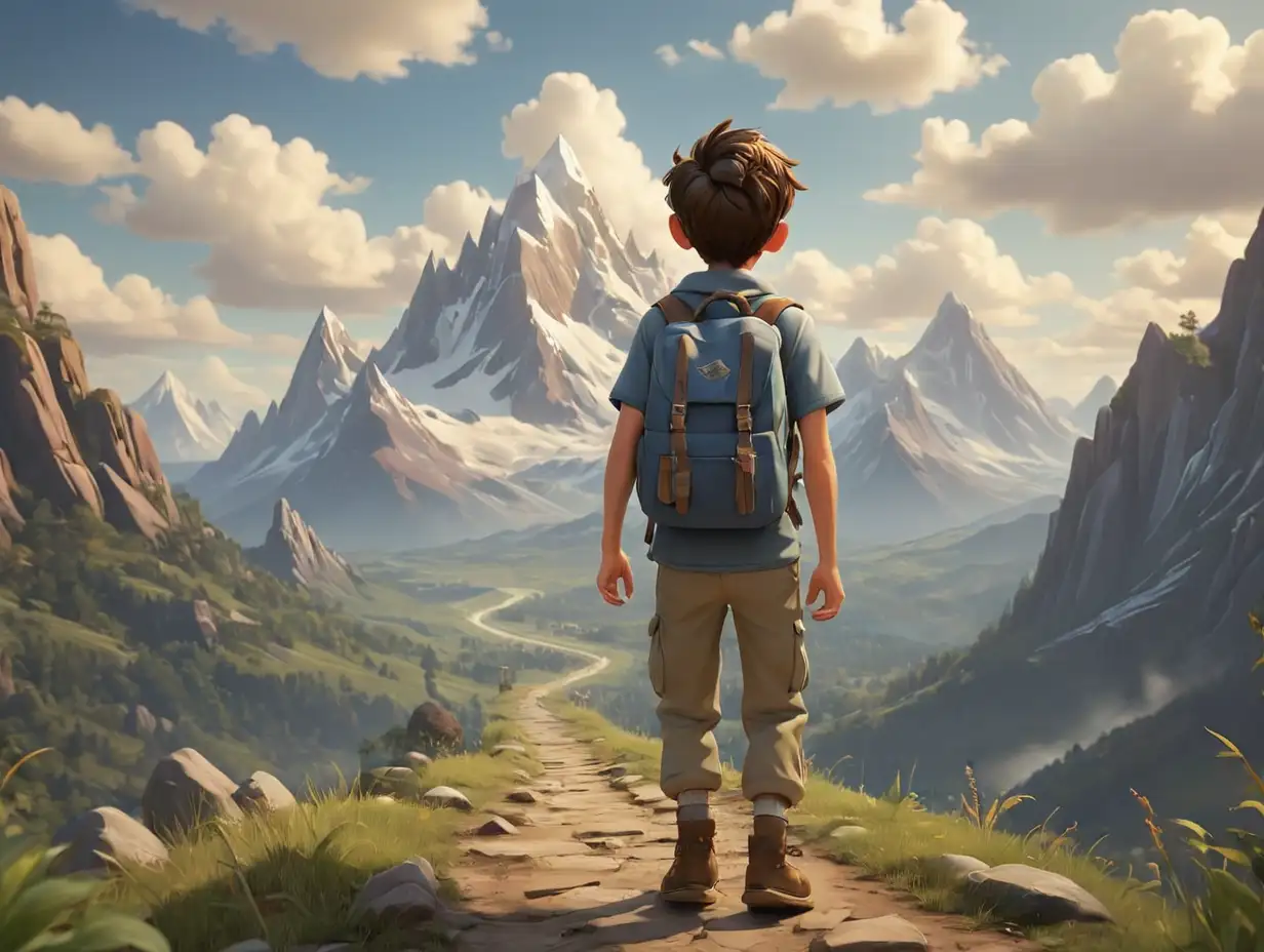 Adventurous-Boy-with-Backpack-Embarks-on-DisneyInspired-3D-Journey-to-Distant-Mountains