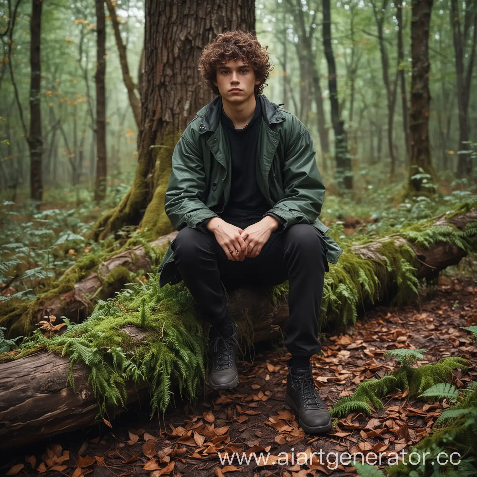 Enigmatic-Young-Man-Sitting-in-Verdant-Forest