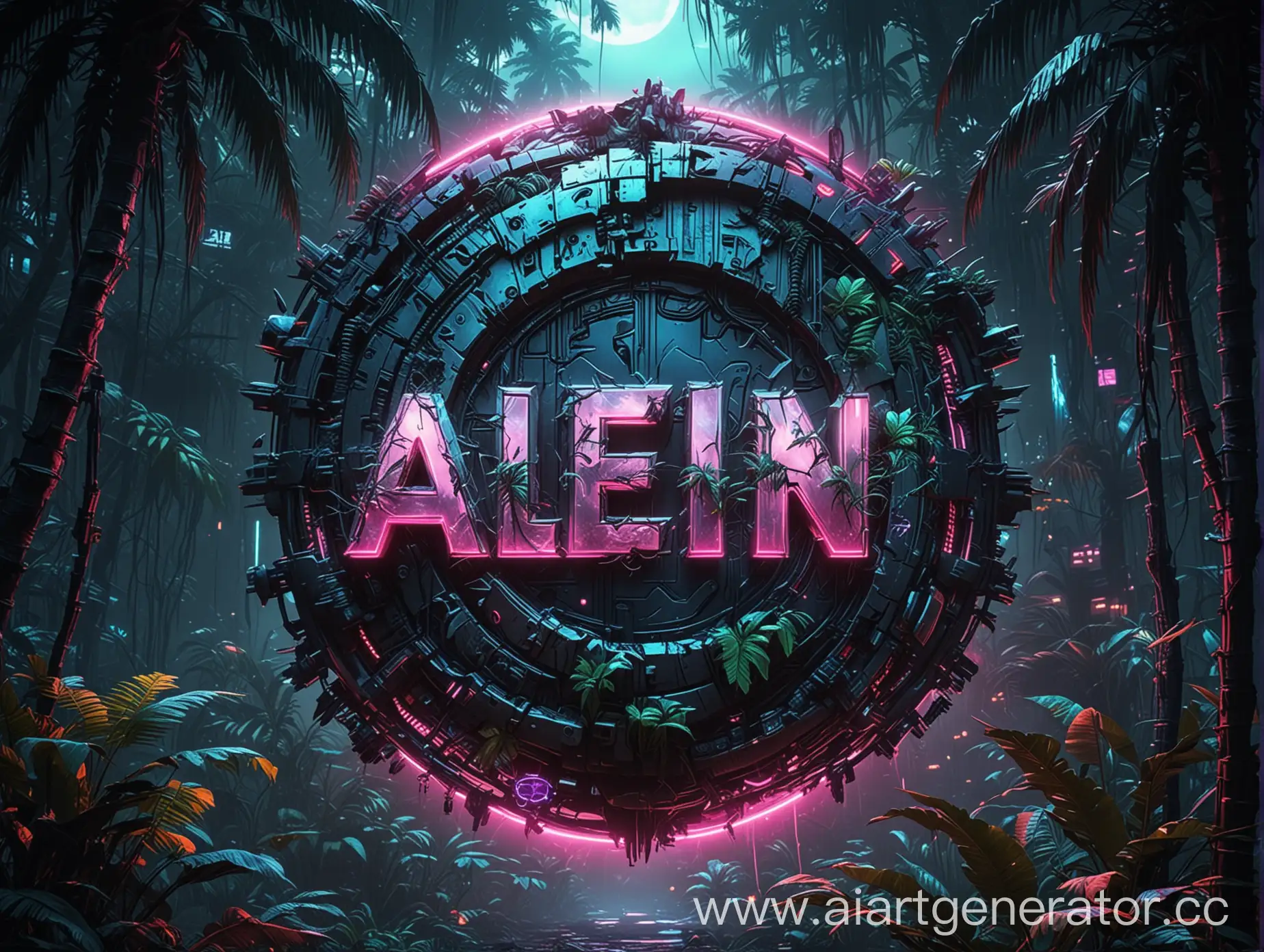 logo with R N symbols , cyberpunk style with neon lights , on background should be alien tropical jungle and on the sky should be see a cracked planet .