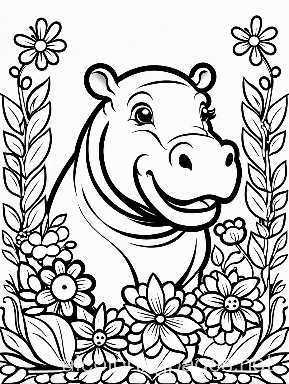 baby hippo with flowers, Coloring Page, black and white, line art, white background, Simplicity, Ample White Space. The background of the coloring page is plain white to make it easy for young children to color within the lines. The outlines of all the subjects are easy to distinguish, making it simple for kids to color without too much difficulty