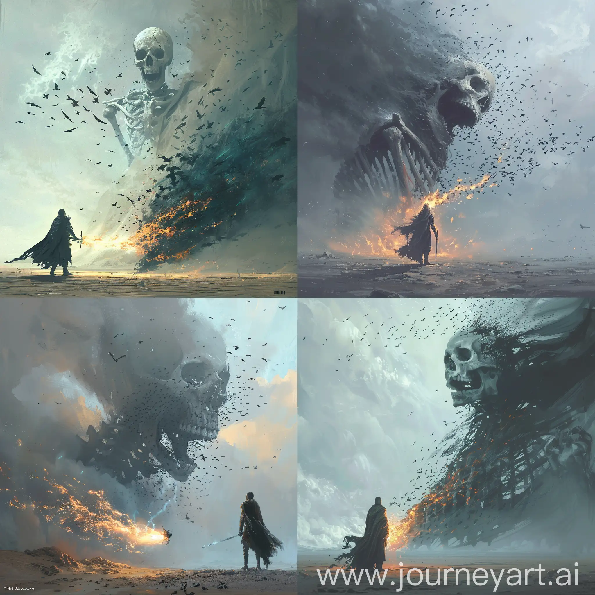  A lone warrior stands defiantly wind blow his cloak in a desolate landscape, wielding a glowing, ethereal weapon. In the background, a gigantic, menacing skeletal figure screaming, partially formed from a chaotic mass of dark birds. The scene is shrouded in an eerie, misty atmosphere, with a color palette of muted greys and ethereal blues. The contrast between the vibrant energy of the warrior's sword made of fire and the dark, chaotic presence of the skeletal figure creates a sense of epic confrontation intricately detailed by Tithi Luadthong, jeremy mann, deep depth of field, dramatic lighting, craig mullins, large bold brush strokes, maximalist, featured on deviant art, Ray Tracing, historical, sinister
