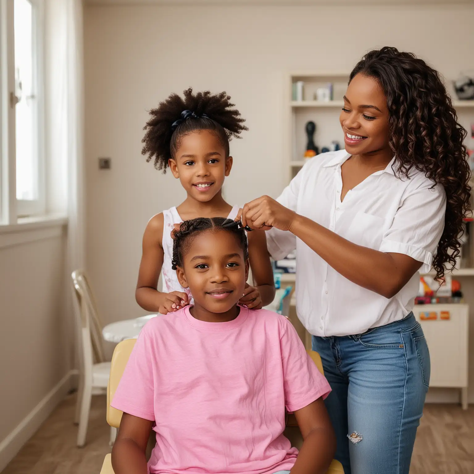 An african american woman styling the hair of a 7 year old girl at home