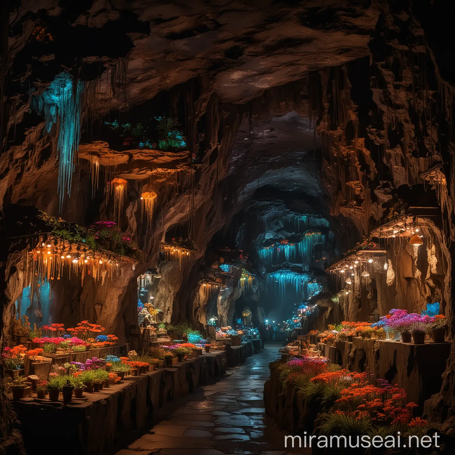 Bioluminescent Underground Market Stalls in Dark Caverns