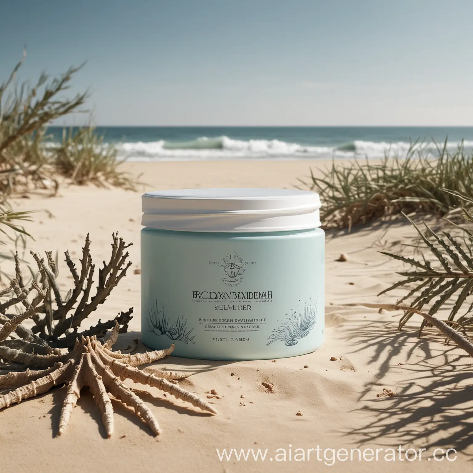 Design of packaging for body cream, which will visually associate with the sea and marine theme. Style real photo, minimalism, background - beach