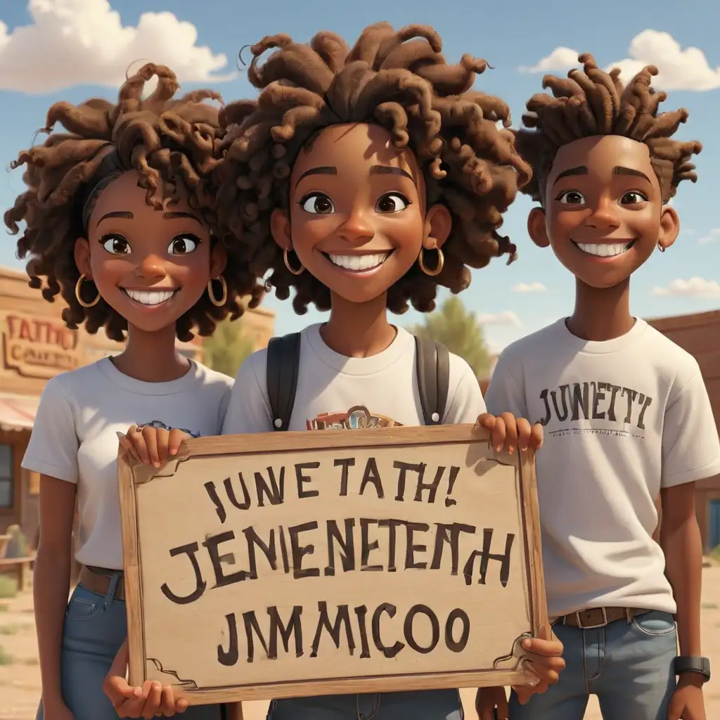 detailed 3D cartoon-style juneteenth teens smiling in new mexico with sign