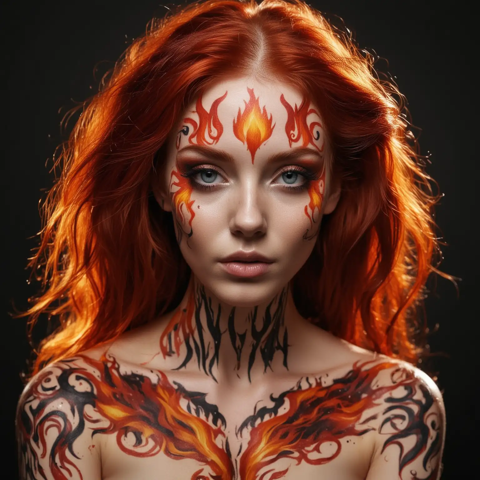  девушка с густыми красными волосами со светлой кожей на лице нарисован боди арт в виде пламени 
