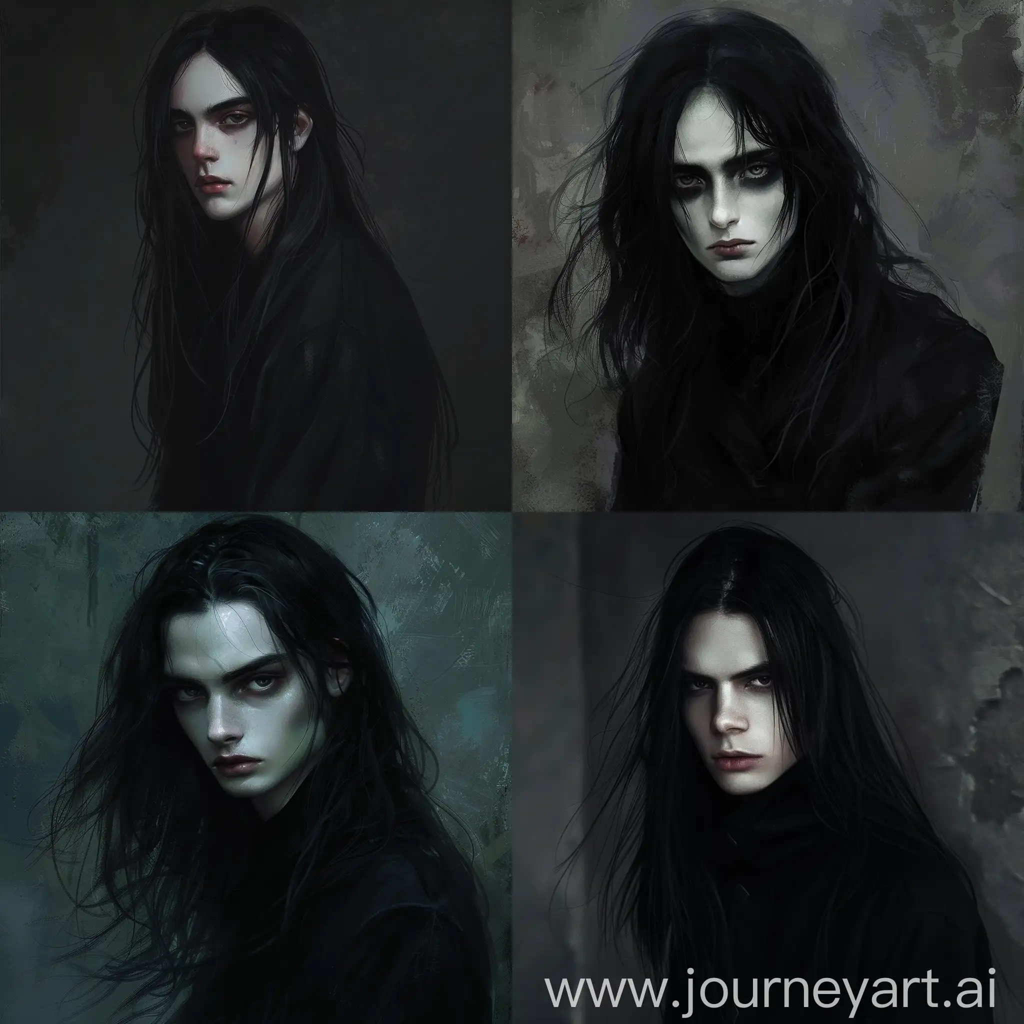 мрачный арт с красивым мальчиком, у которого длинные черные волосы, в черной одежде, с темными глазами, кожа бледная 