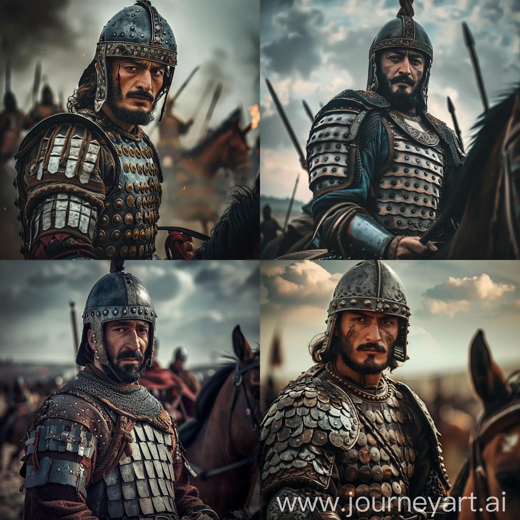 Realistic portrait of Alparslan of The Great Seljuk Empire, depicted in fine lamellar armor, steel lamellar helmet, prominent face, handsome, on horseback, at battle field, posing, movie scene, cinematic lighting