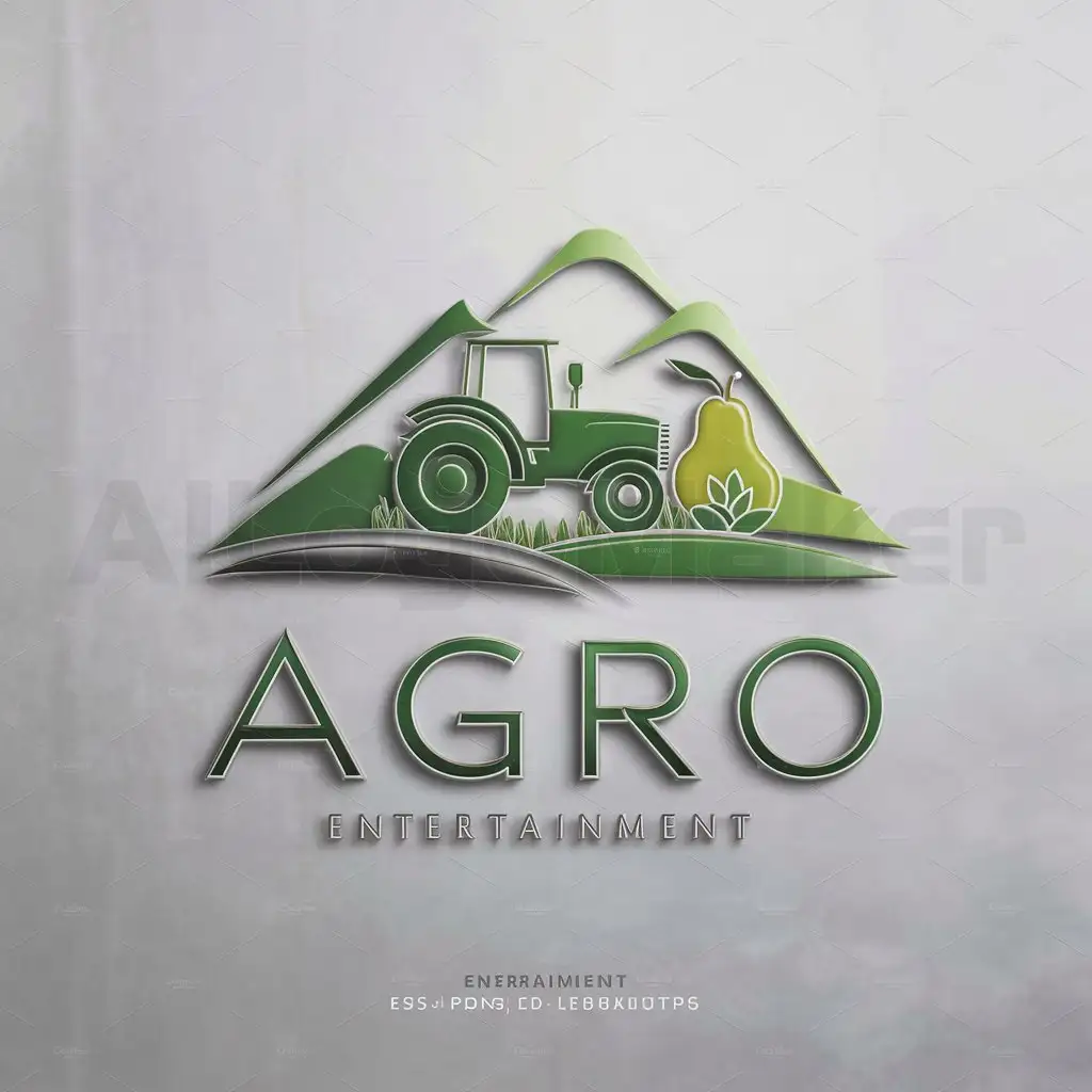 a logo design,with the text "agro", main symbol:cattle tractor pear sowing mountains, main colors gradations of green. No letters or texts added.,Moderate,be used in Entertainment industry,clear background