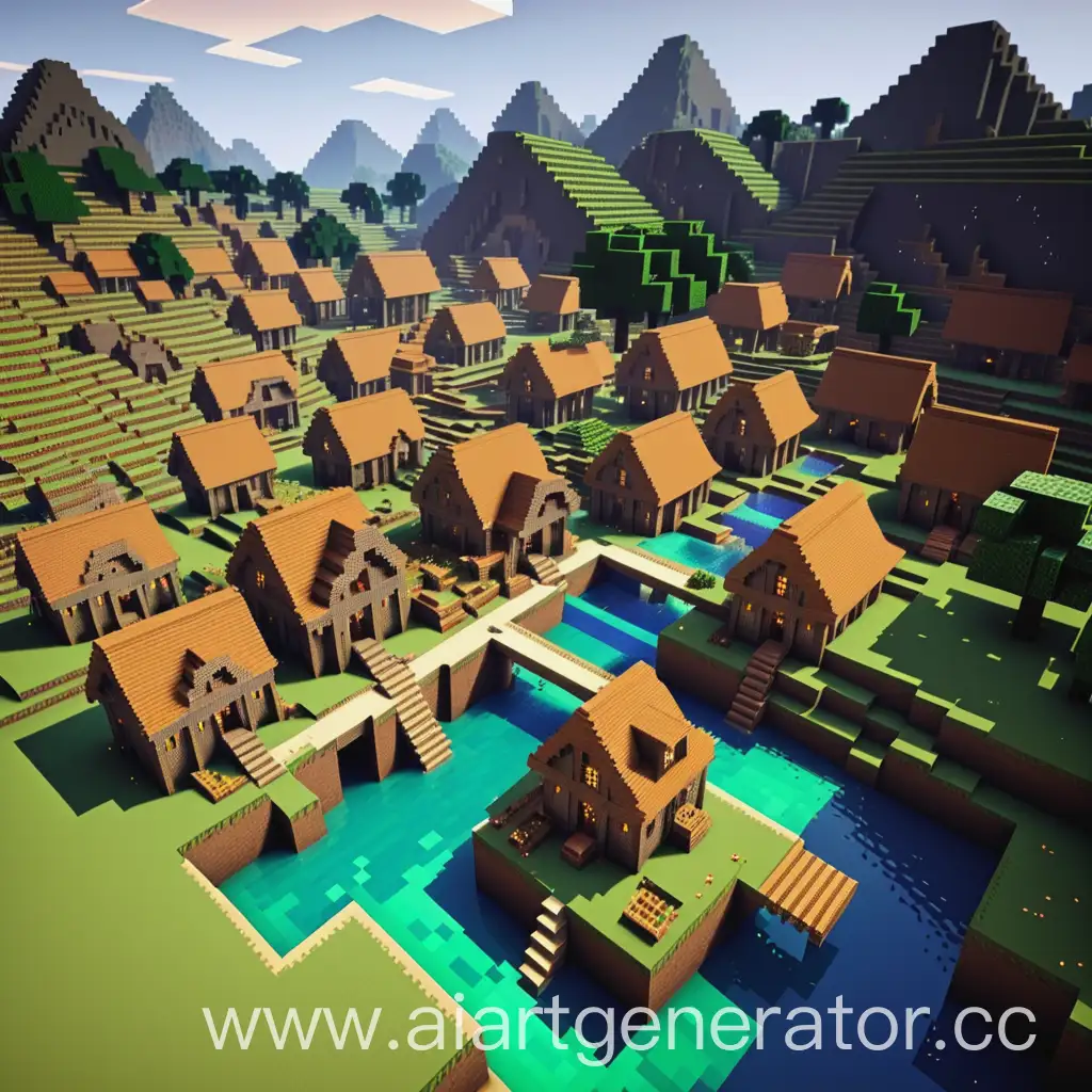 Minecraft-Village-Scene-with-Pixelated-Characters-and-Buildings