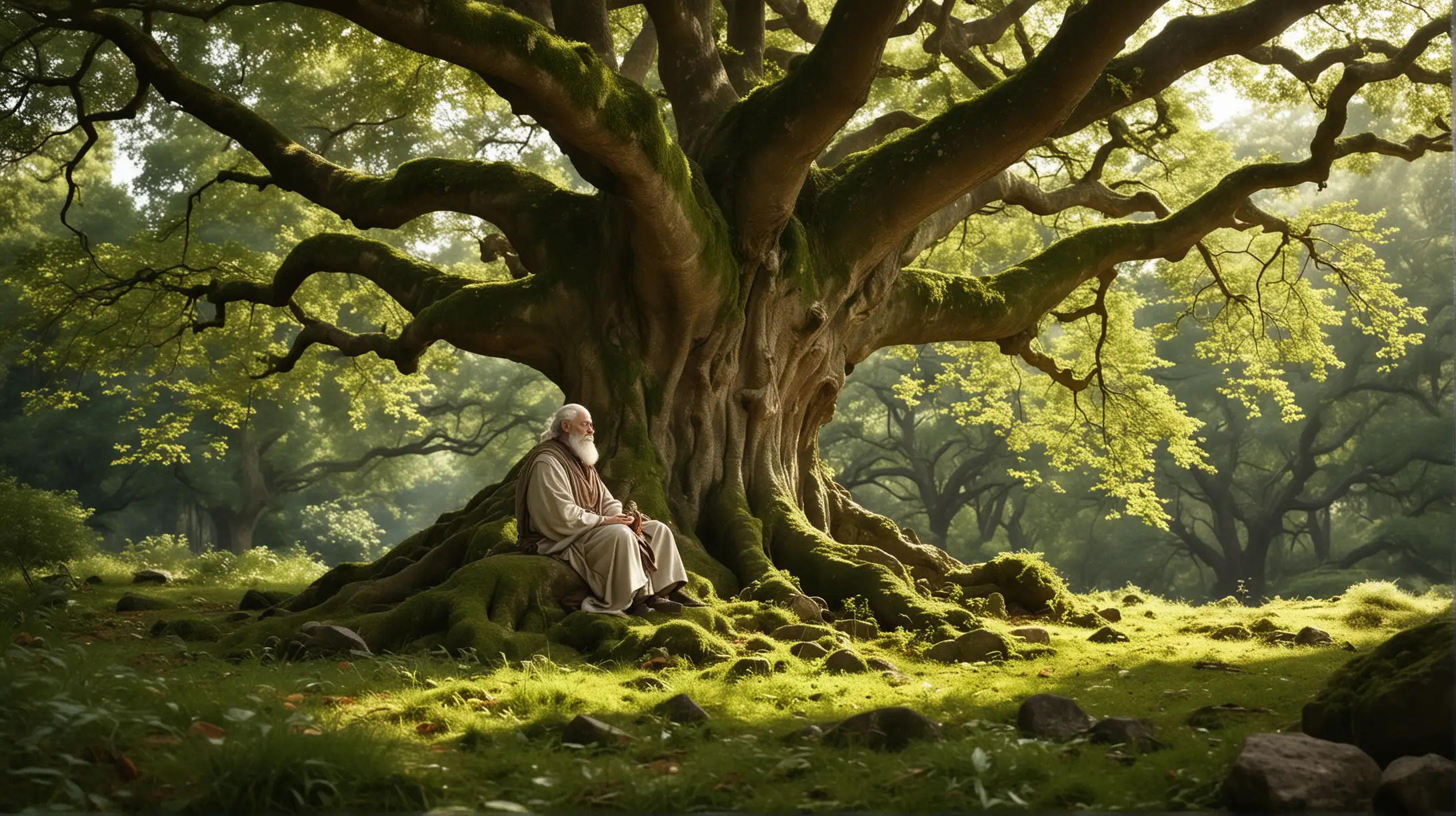 Stoic Philosopher Contemplating Under Majestic Oak Tree