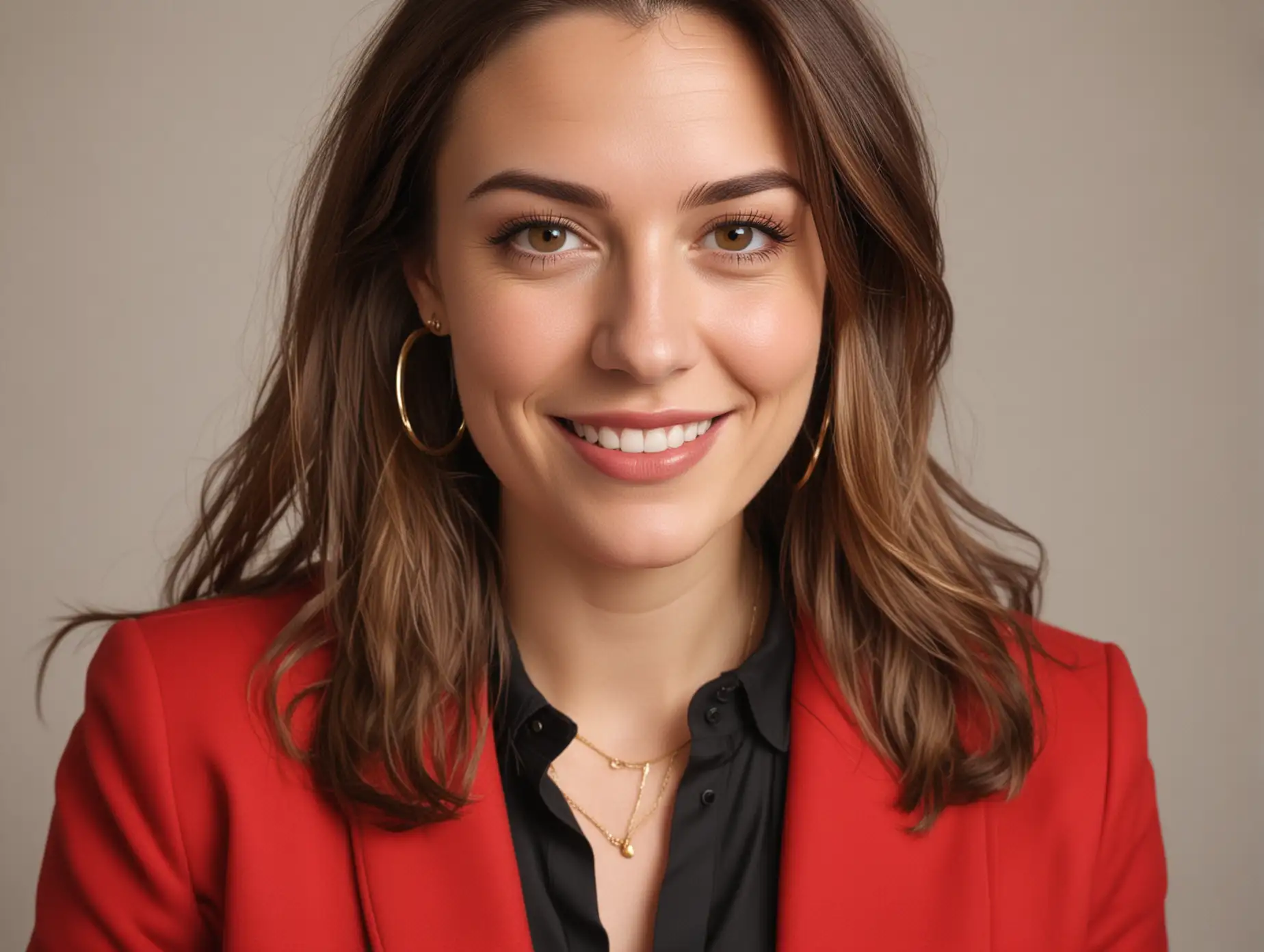 Portrait of a Cheerful 30YearOld Woman in Red Blazer and Hoop Earrings