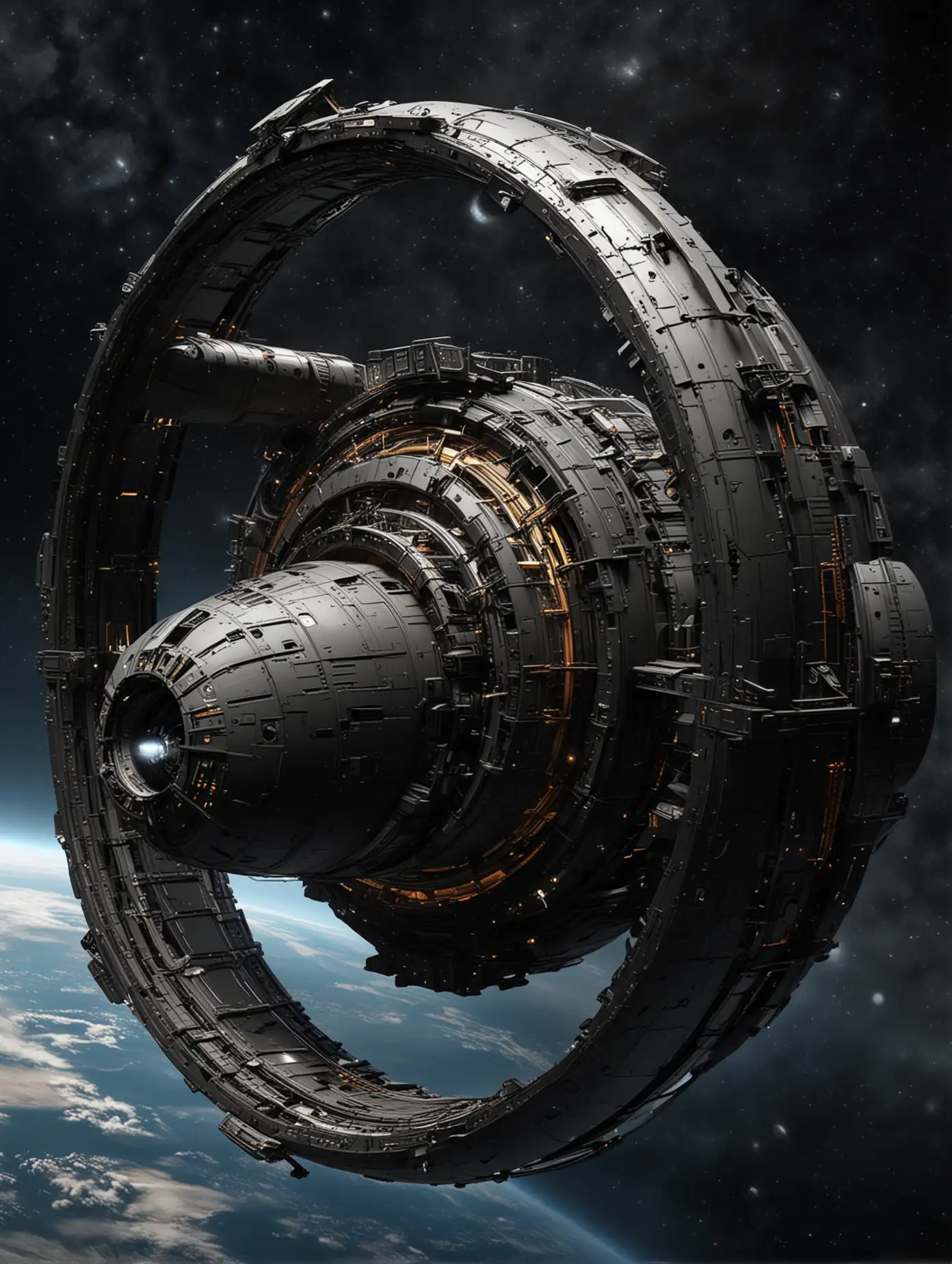Sleek Black Spaceship with Rotating Ring and Wormhole in Dark Space