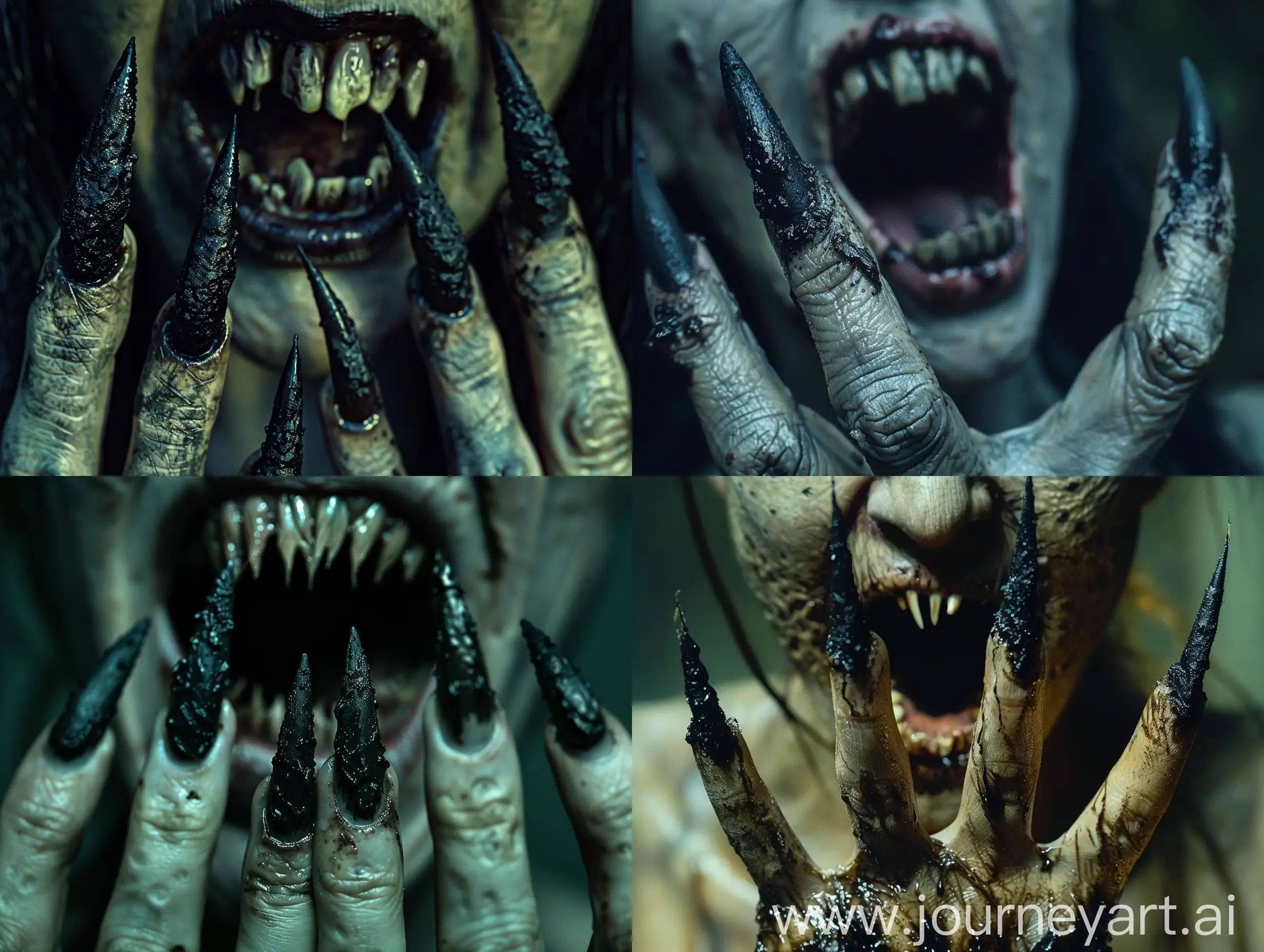 A hauntingly realistic and disturbing night-time scene, revealing a female zombie with a horrifyingly grotesque appearance. The zombie's long pointed black-dirty fingernails protrude from each of her five fingers in a macabre display. Each fingernail is intricately detailed and textured, adding to the overall creepy atmosphere of the image. The zombie's mouth is menacingly agape, exposing a row of pointed teeth that resemble fangs, gleaming in the eerie lighting. The teeth are sharp and jagged, adding to the terrifying nature of the undead creature. The zombie's skin is pale and deathly, with an unsettling texture that seems to shift and ripple in the dim light.