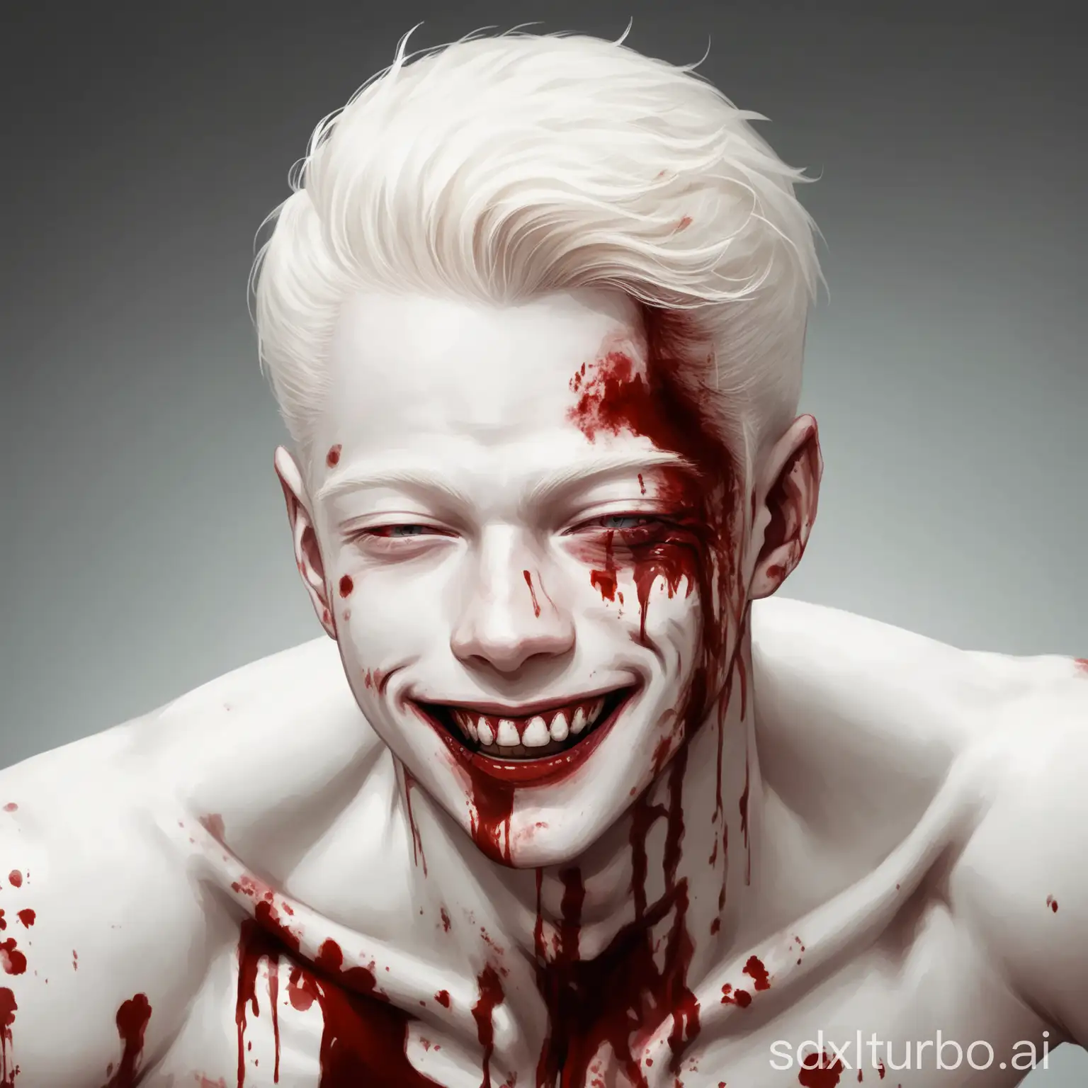 Albino handsome man, with gore blood stains on the face, smiling