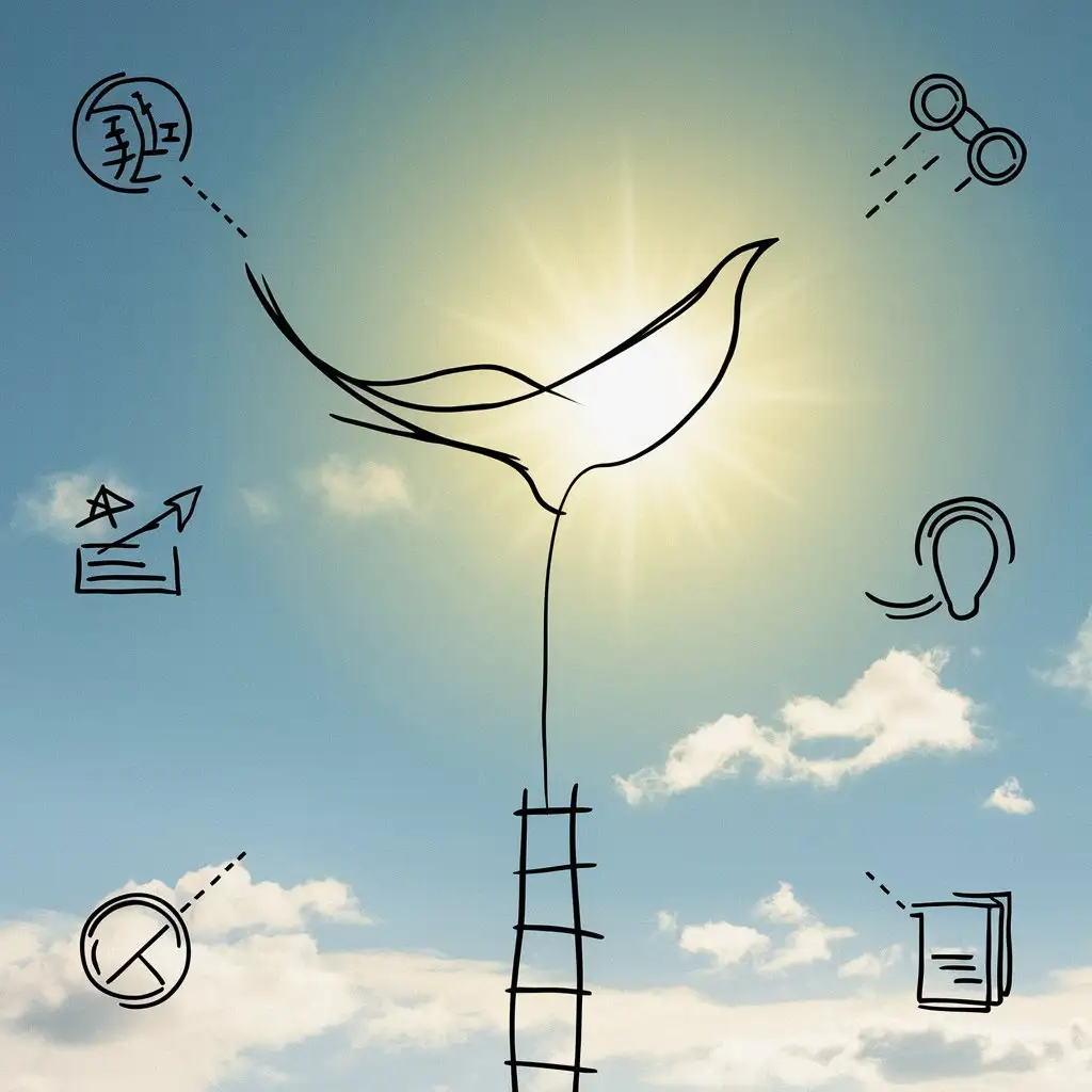  an image of a balloon or bird in the sky, surrounded by symbols of knowledge, skills and experience. At the bottom is a ladder symbolizing movement towards goals, against a sunny sky emphasizing the beginning of a new path..Minimalism, animation