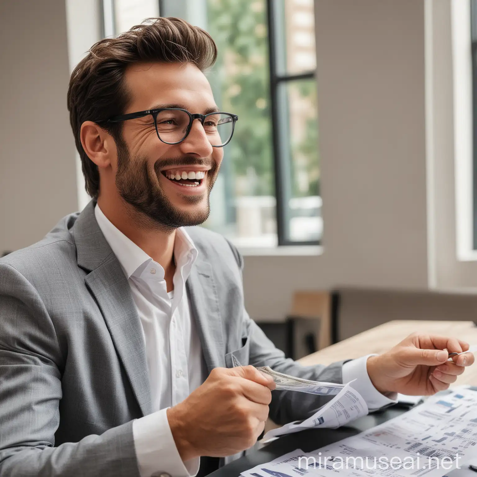 An image of a happy investor checking the earnings produced by his investment in commercial real estate.