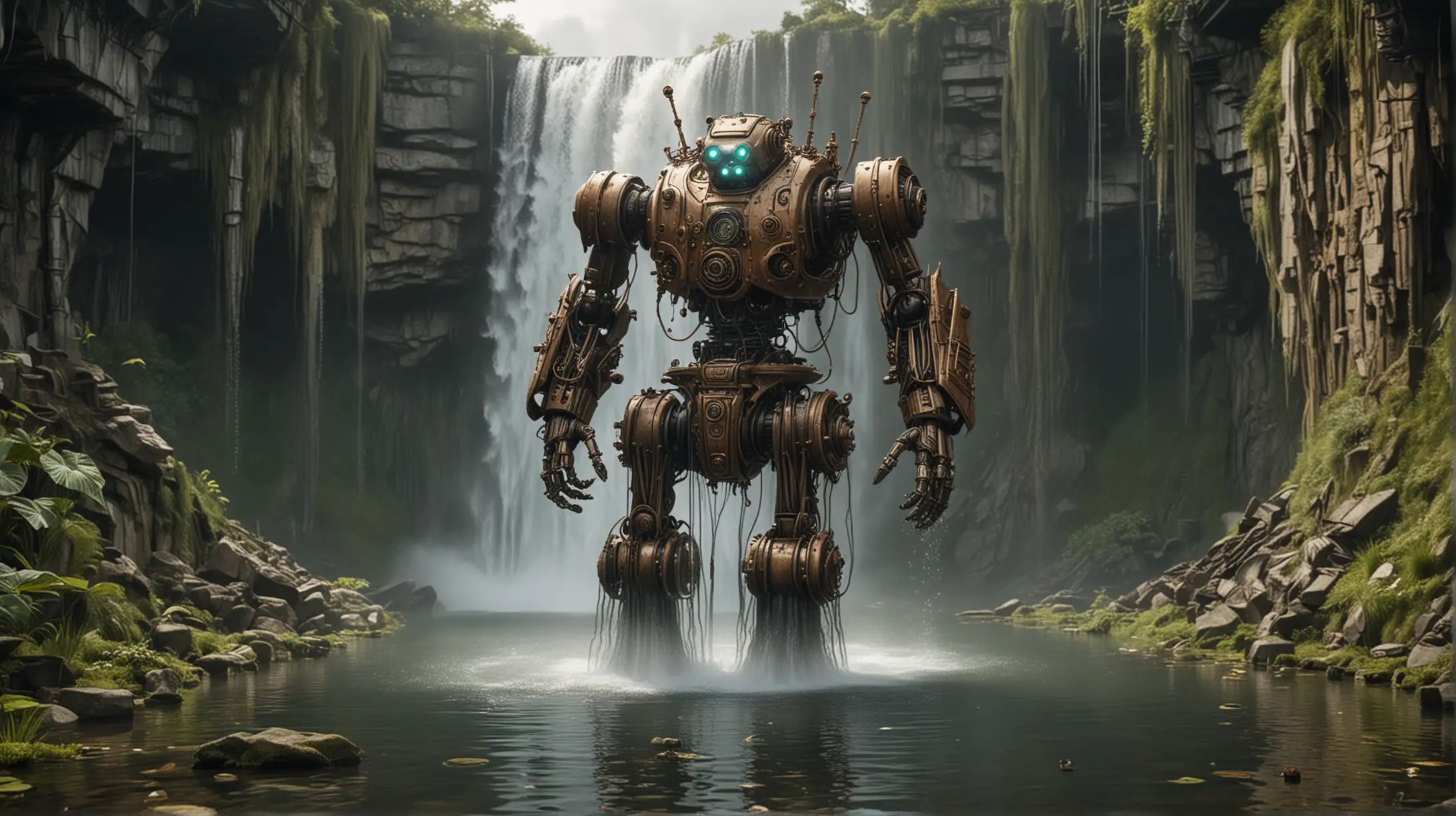 Steampunk Robot Relaxing in Waterfall Pond