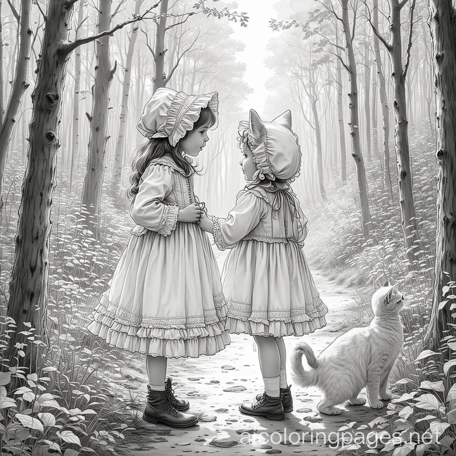 a little girl wearing old fashioned traditional clothes like an old frilly bonnet and playing with a cat in a beautiful forest, Coloring Page, black and white, line art, white background, Simplicity, Ample White Space. The background of the coloring page is plain white to make it easy for young children to color within the lines. The outlines of all the subjects are easy to distinguish, making it simple for kids to color without too much difficulty