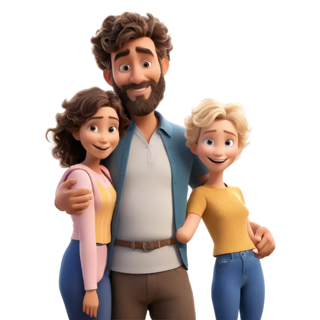 A disney Pixar family, Father has short hair and a beard, Mother has curly hair, first daughter is 6yo with short Blonde hair,  second daughter is 12 years old with long brown hair