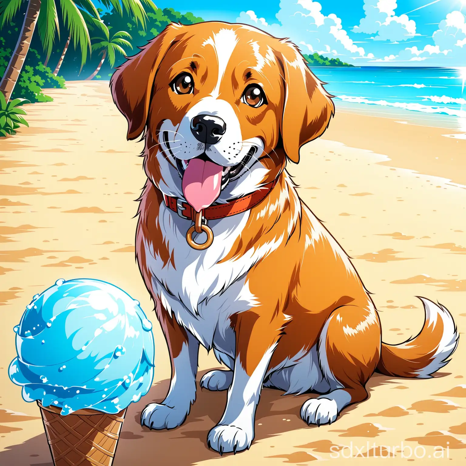 Happy-Dog-Enjoying-Ice-Cream-on-Sandy-Beach
