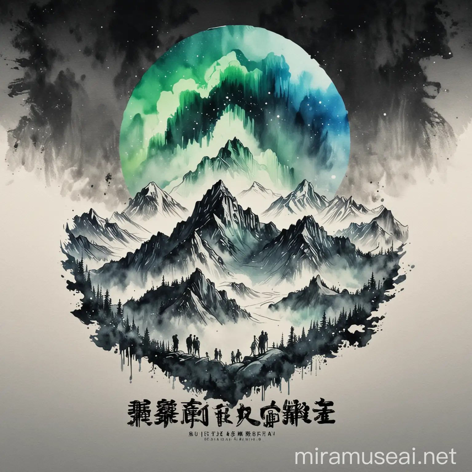设计一个三顶会的 logo  
要求有三个人在山顶上看极光 
使用中国山水水墨风格