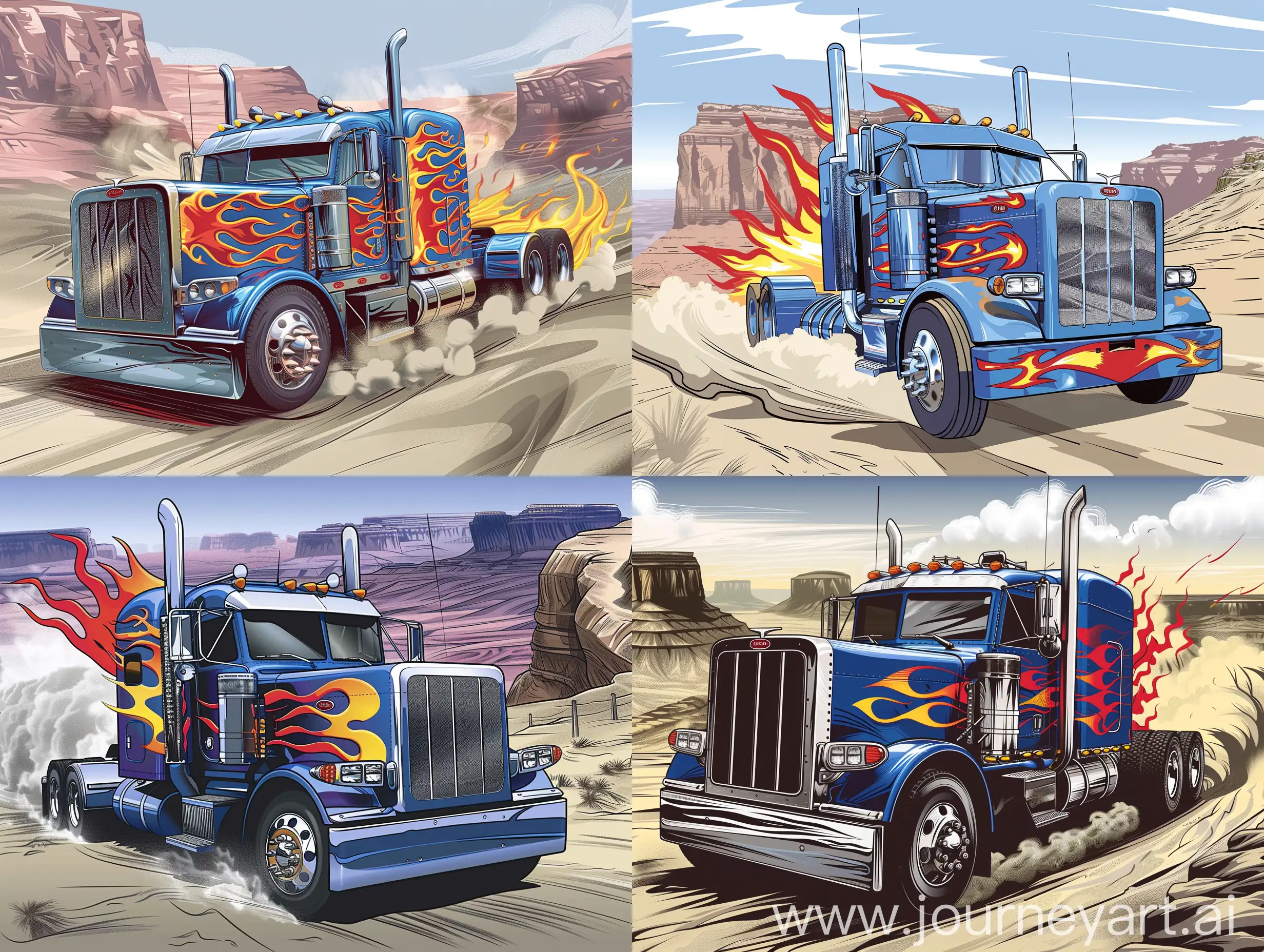 1994 Peterbilt 379 blue color truck with red and yellow flame pattern, drawing in the form of an illustration, canyon image in the background, sharp lines lineart illustration vector, dust and smoke coming out, the truck is going fast