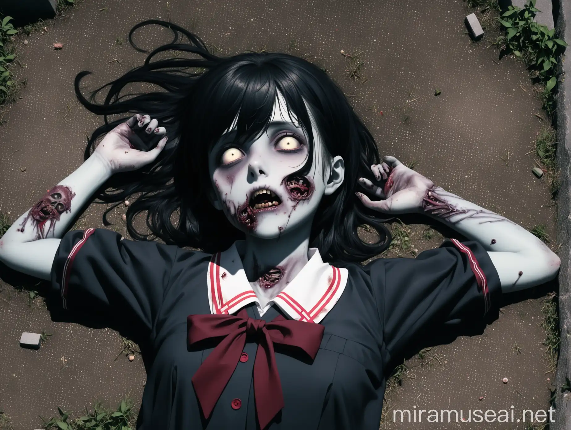 zombie girl lying on graveyard on the ground on her back looking up to the viewer, sticthes on her skin, wearing a japanese school girl outfit, arms behind neck, black hair