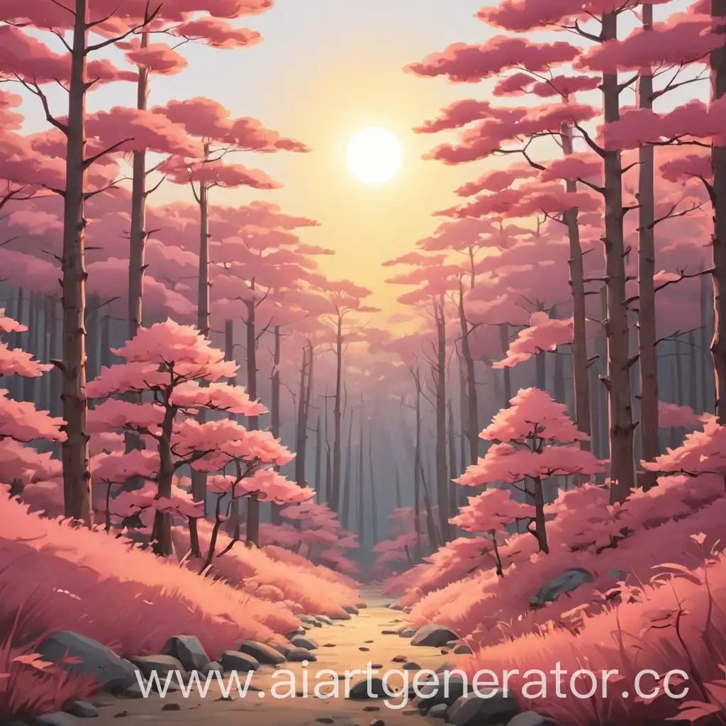 мультяшный фон лес розовые японские деревья на  фоне солнца