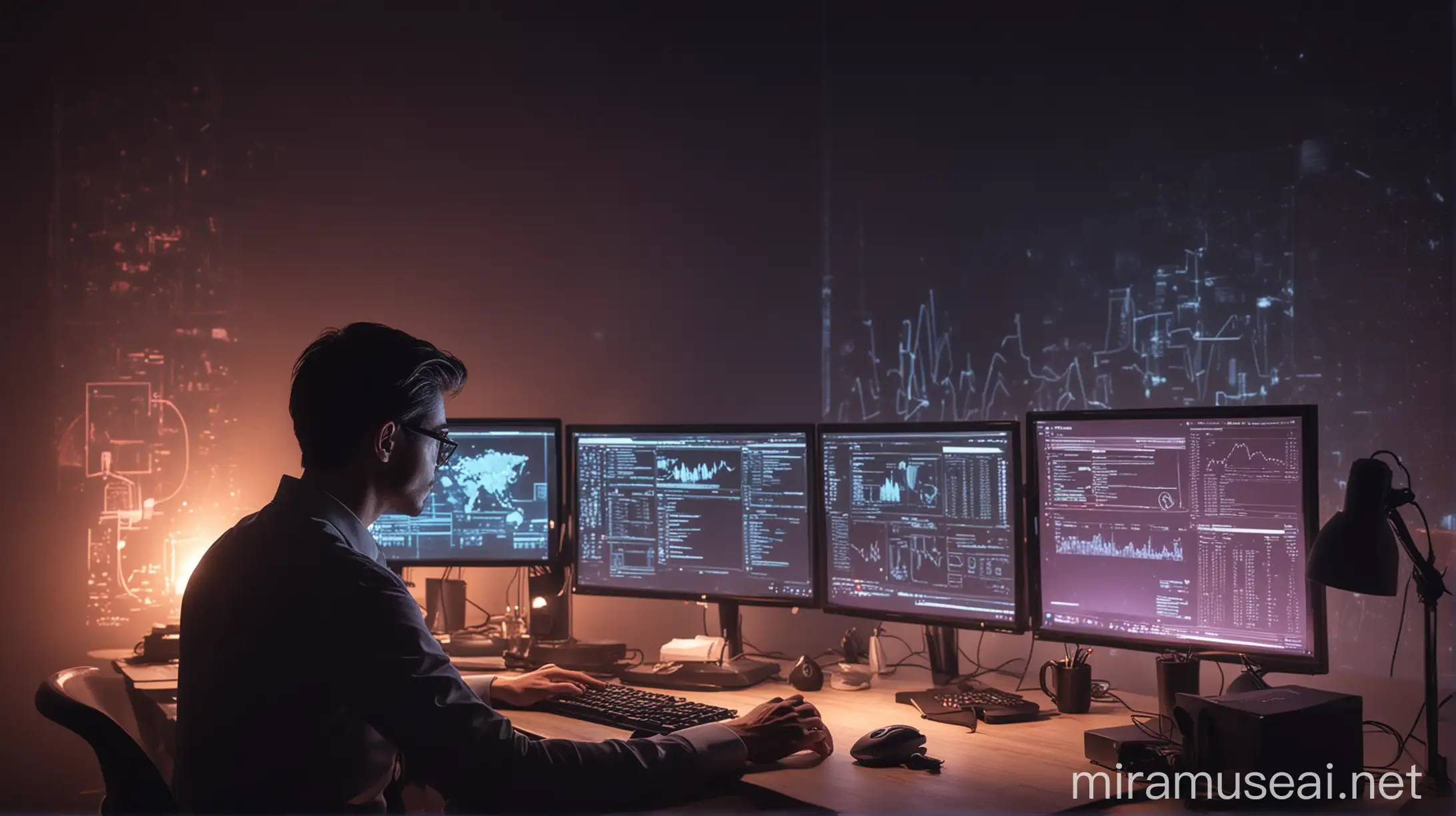 a man with formal clothes sitting infront of computer setup, working on his computer, trading icon in computer screen, studio ambient, dark neon light, smoky dusty room , highly detailed, 4k