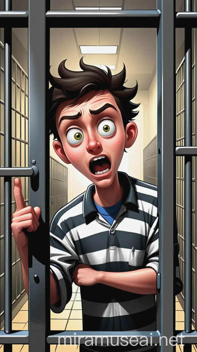 A university student in a cell says something, cartoon