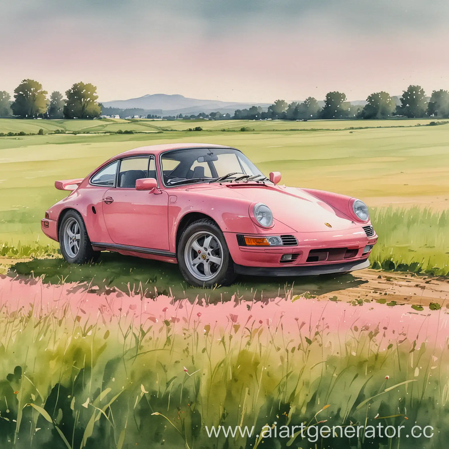 Pink-Porsche-Classic-Car-on-Grassy-Meadow-in-Watercolor-Painting-Style