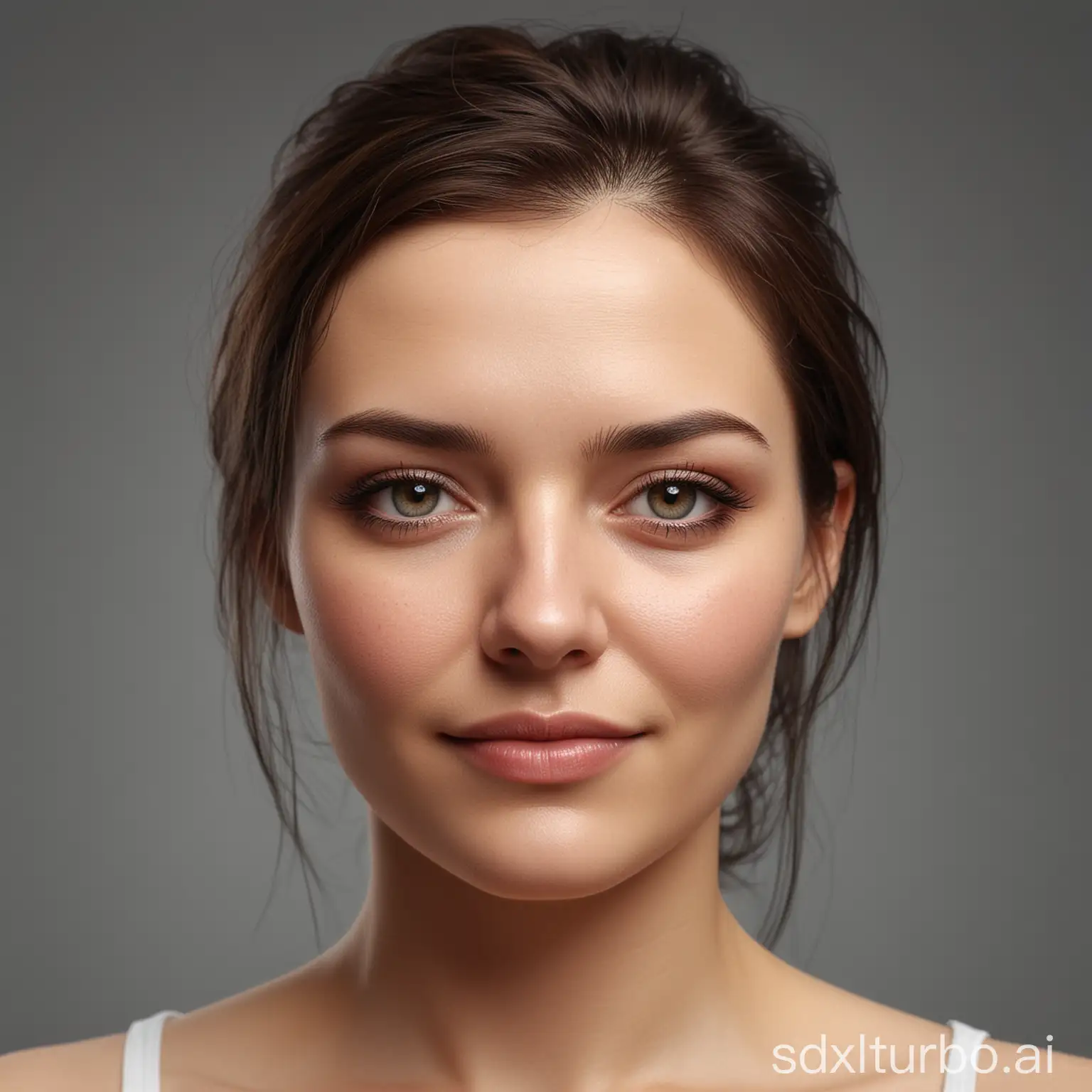 face woman beautiful without glasses ,without smiling , looking straight on and with style very realistic