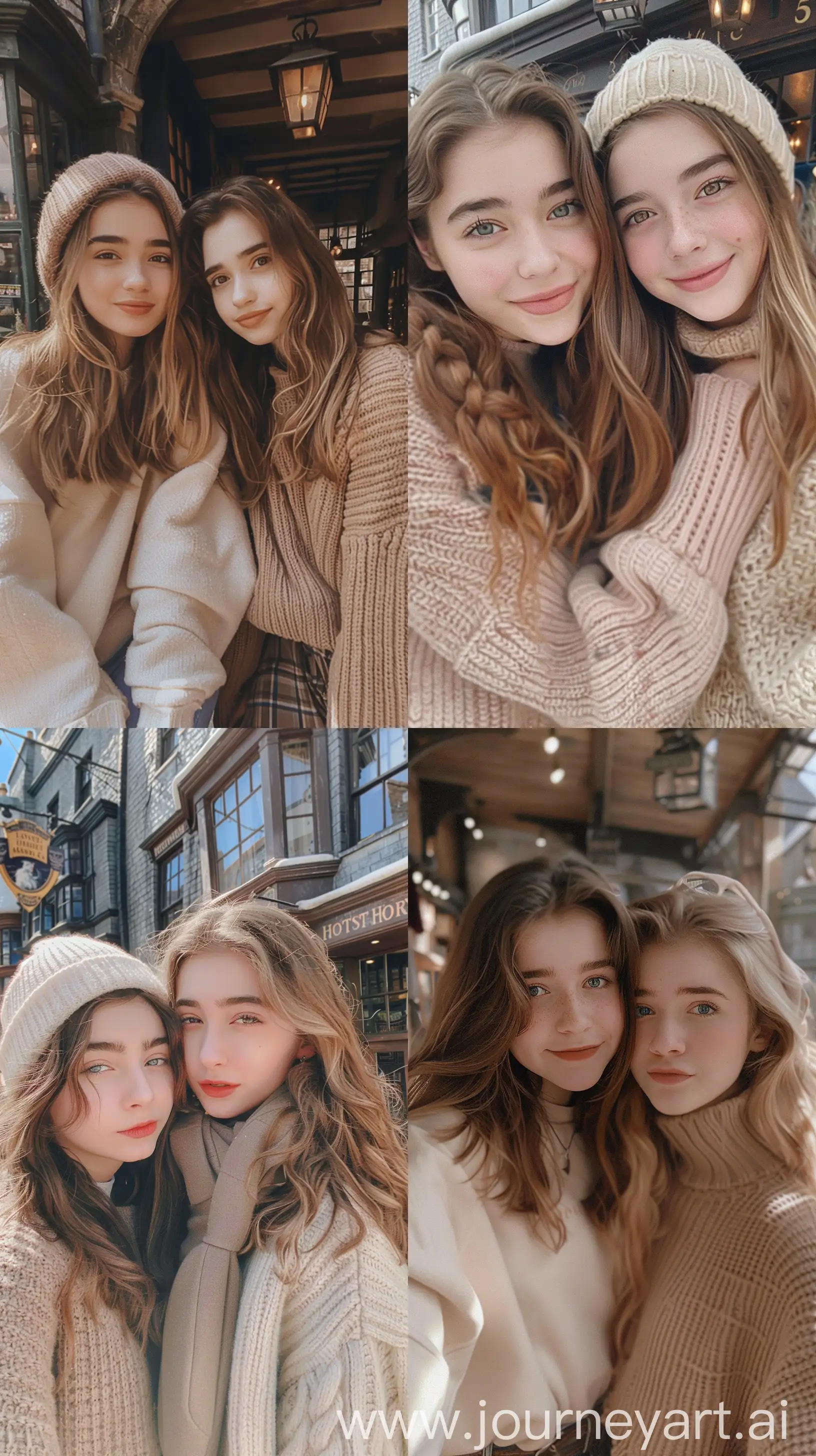 Aesthetic instagram selfie of two 5th year Hogwarts students, girls, Hogsmeade, soft color tones, soft clothing, --ar 9:16