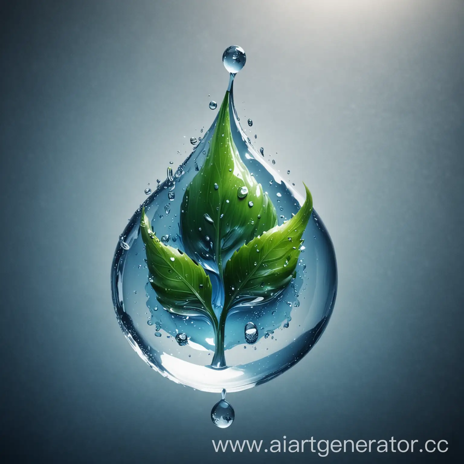 The image shows the logo, which is a drop of water surrounded by two green leaves. A drop of water is located in the center and has a blue color with a white glare, creating a volume effect. The leaves frame the drop on both sides and point upwards, creating a shape resembling a flame