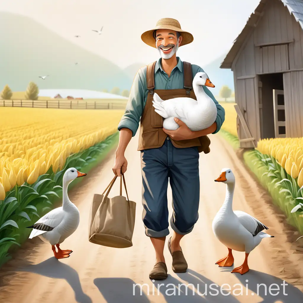 Hopeful Farmer Brings Home a New Goose Simple Rural Life Joy
