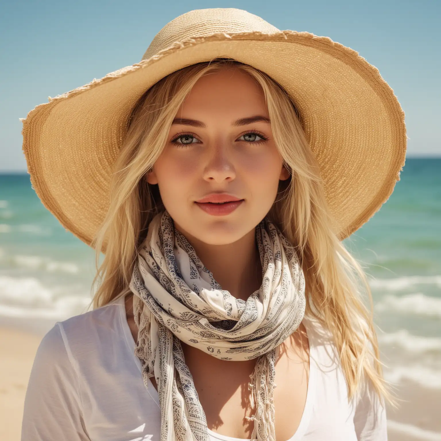 shiny summer day, lady with open hair, blonde, hat, scarf, beach