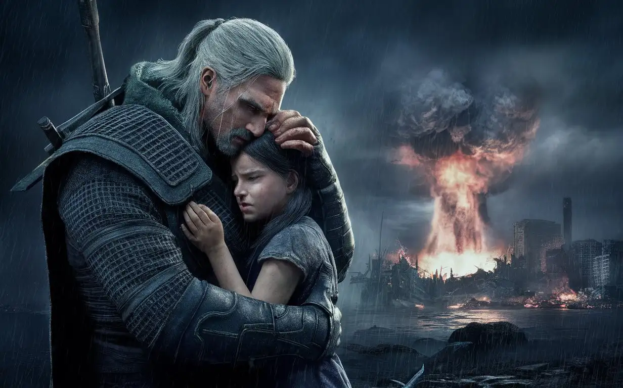 Geralt sad by the cheeks goes tears embraces his daughter she cries and look how the world dies in nuclear attacks visible nuclear explosion atmosphere horrible goes rain nearby exploded nuclear bomb and goes shock wave from nuclear explosion and seen destruction looks realistic ruined megapolis