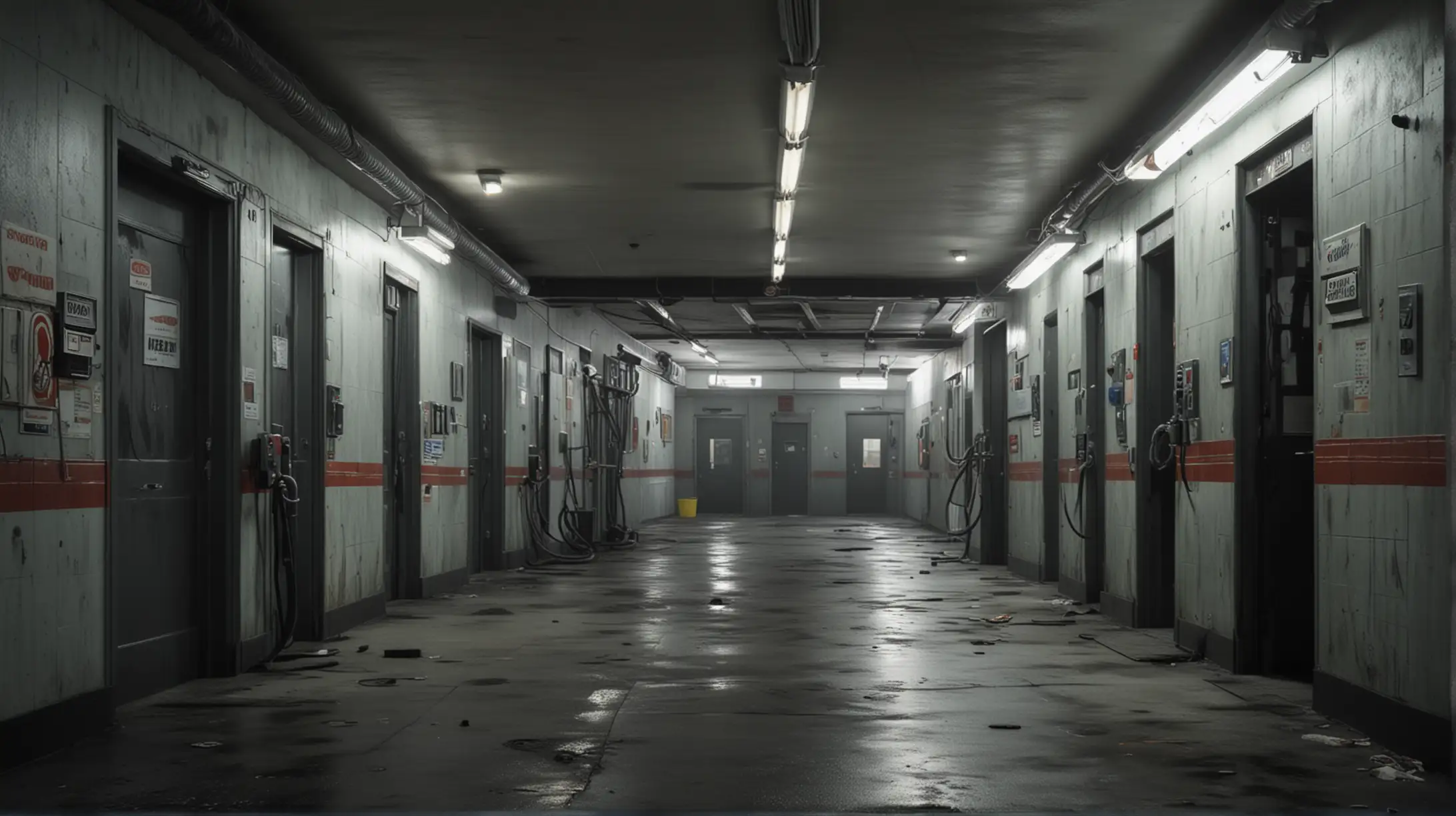 create a hyper realistic back hallway of a gas station with dramatic horror lighting