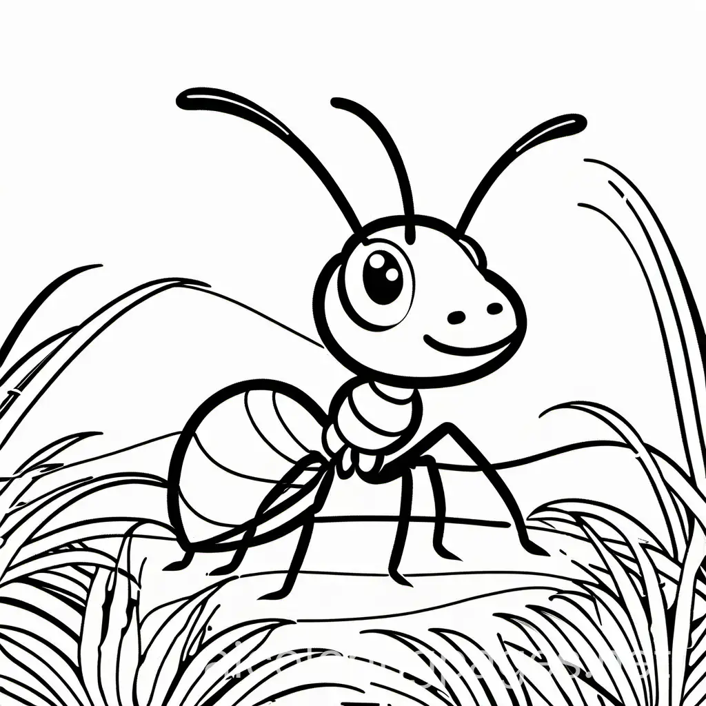 a cute big ant, Coloring Page, black and white, line art, white background, Simplicity, Ample White Space. The background of the coloring page is plain white to make it easy for young children to color within the lines. The outlines of all the subjects are easy to distinguish, making it simple for kids to color without too much difficulty